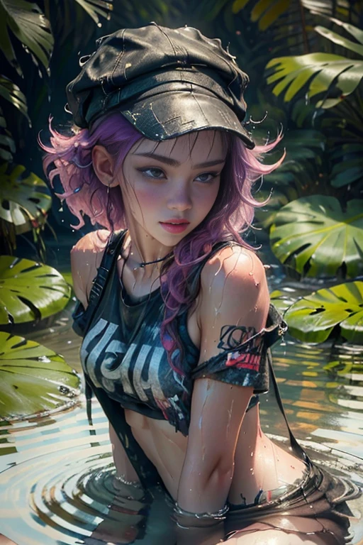 Beauty in hair, with a hat,short punk outfit,Dew, wet body and clothes,drops on the body,High humidity,sitting in the water,legs open(Delicate images),(Photorealistic: 1.4),(Highly detailed),(high resolution),(Best quality),(masterpiece)