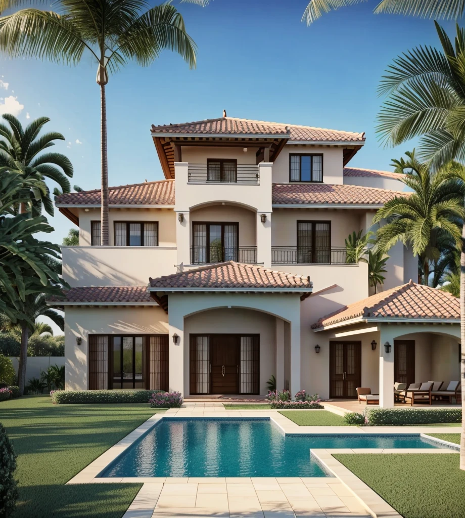 An exterior patio, lawn chairs, pool, (shed), palm trees, Large Spanish style villa in background, single storey flooring,
Daylight, sunrise, 2-point perspective, human perspective, Realistic, photographic, rendering masterpiece, high-quality, ultra-detailed, 4K