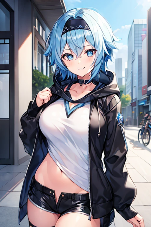 1girl, blue hair, very short hair, eula \(genshin impact\), black jacket, jacket, hooded jacket, hood, shirt, white shirt, black headband, headband, large breasts, shorts, short pants, black shorts, urban, smile, normal clothes, simple clothes, happy, light smile, tall, tall female, city, cropped jacket