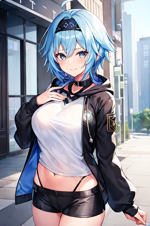 1girl, blue hair, very short hair, eula \(genshin impact\), black jacket, jacket, hooded jacket, hood, shirt, white shirt, black headband, headband, large breasts, shorts, short pants, black shorts, urban, smile, normal clothes, simple clothes, happy, light smile, tall, tall female, city, cropped jacket