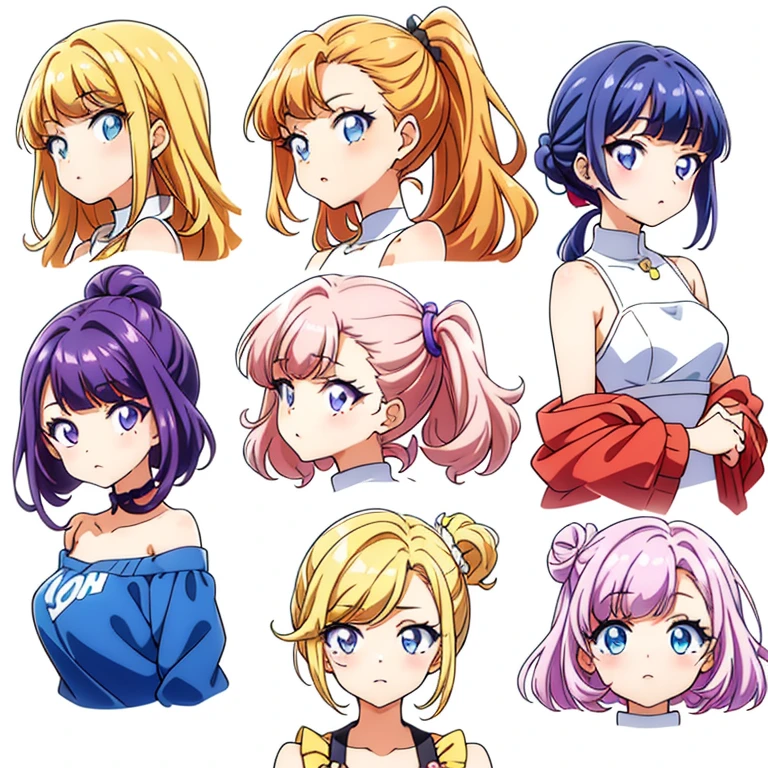 9 girls, white background,  different characters, multiple views, (Close up heads, portrait, mugshot), bra, bare shoulders, bikini, different hair colors, different hair styles, 
twin-tail hair style, 
pony-tail hair, wavy 
long hair, 
braid, 
parted bangs, 
high ponytail, 
low ponytail, 
big hair, cornrows, 
hair bun, 
hair rings, 
half updo hairstyle, 
diagonal bangs, 
two side up hair, 
flipped hair, 
blunt bangs, 

warm-toned hair colors, 
cool-toned hair colors, 
brown hair color, 
red hair color, 
yellow hair color, 
white hair color, 
purple hair color, 
blue hair color,