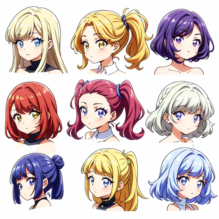 9 girls, white background,  different characters, multiple views, (Close up heads, portrait, mugshot), bra, bare shoulders, bikini, different hair colors, different hair styles, 
twin-tail hair style, 
pony-tail hair, wavy 
long hair, 
braid, 
parted bangs, 
high ponytail, 
low ponytail, 
big hair, cornrows, 
hair bun, 
hair rings, 
half updo hairstyle, 
diagonal bangs, 
two side up hair, 
flipped hair, 
blunt bangs, 

warm-toned hair colors, 
cool-toned hair colors, 
brown hair color, 
red hair color, 
yellow hair color, 
white hair color, 
purple hair color, 
blue hair color,