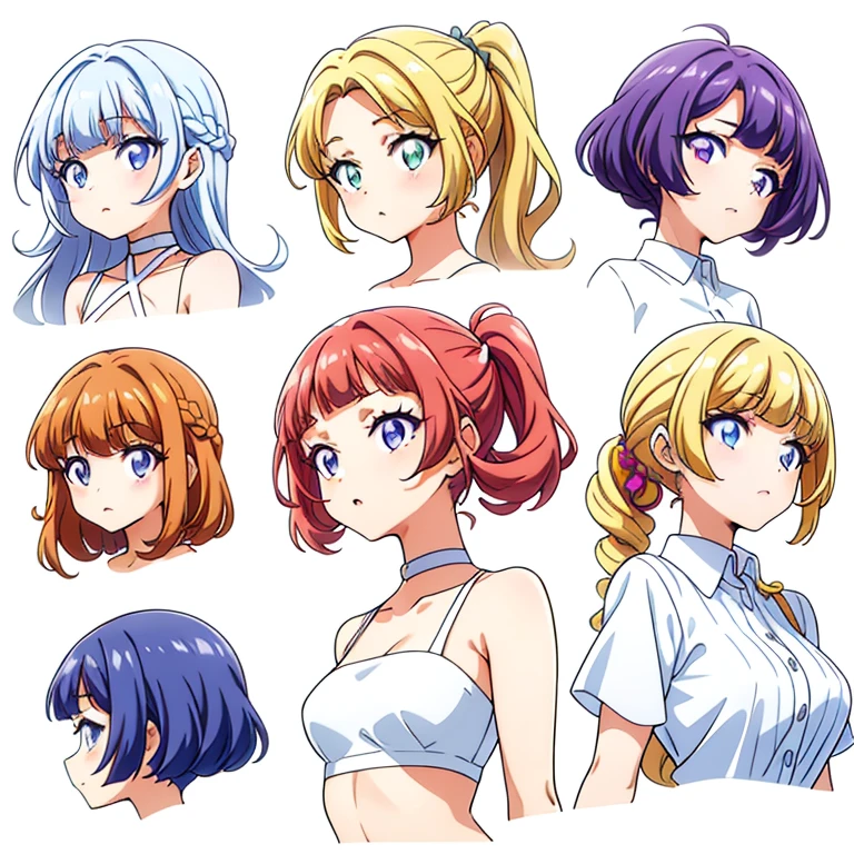 9 girls, white background,  different characters, multiple views, (Close up heads, portrait, mugshot), bra, bare shoulders, bikini, different hair colors, different hair styles, 
twin-tail hair style, 
pony-tail hair, wavy 
long hair, 
braid, 
parted bangs, 
high ponytail, 
low ponytail, 
big hair, cornrows, 
hair bun, 
hair rings, 
half updo hairstyle, 
diagonal bangs, 
two side up hair, 
flipped hair, 
blunt bangs, 

warm-toned hair colors, 
cool-toned hair colors, 
brown hair color, 
red hair color, 
yellow hair color, 
white hair color, 
purple hair color, 
blue hair color,