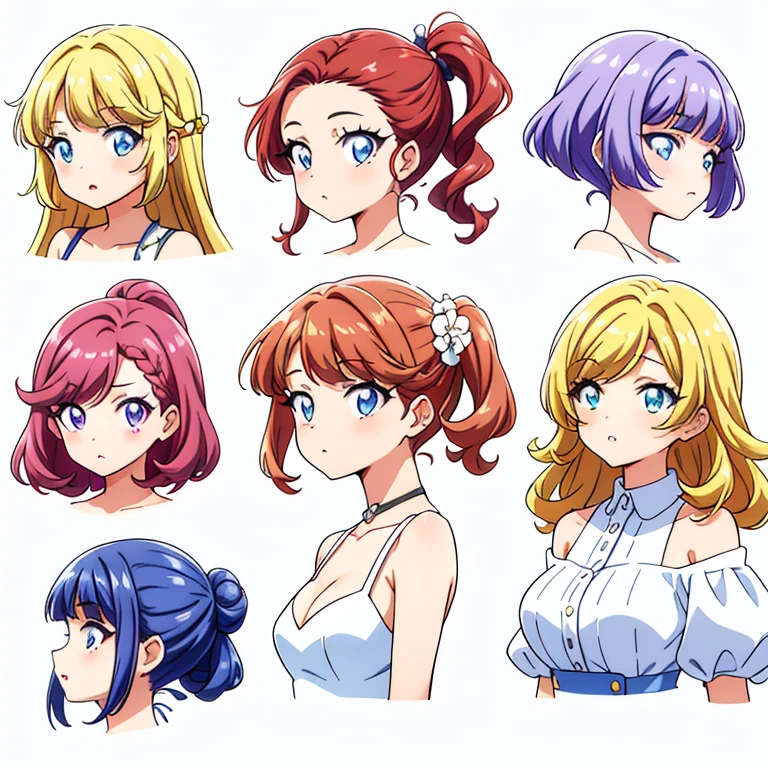 9 girls, white background,  different characters, multiple views, (Close up heads, portrait, mugshot), bra, bare shoulders, bikini, different hair colors, different hair styles, 
twin-tail hair style, 
pony-tail hair, wavy 
long hair, 
braid, 
parted bangs, 
high ponytail, 
low ponytail, 
big hair, cornrows, 
hair bun, 
hair rings, 
half updo hairstyle, 
diagonal bangs, 
two side up hair, 
flipped hair, 
blunt bangs, 

warm-toned hair colors, 
cool-toned hair colors, 
brown hair color, 
red hair color, 
yellow hair color, 
white hair color, 
purple hair color, 
blue hair color,