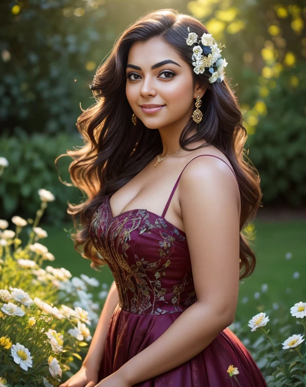 (masterpiece portrait photography:1.4) of a alluring ravishing curvy Nazriya Nazim, posing in a garden , wearing beautiful, wearing strappy vintage ornate mindress, ornate royal garden, (long flowing wavy backlit hair:1.2), fair radiant skin, vivacious, lustful glance, exhilarated (captivating kohl lined eyes:1.1) , (seductive smile:1.3) soft dramatic lighting, falling petals and flowers bokeh, key lighting, backlit, light rays, highly detailed, trending on artstation, paint splashes, rich colour, wind all around, abstract portrait, by Ron hicks