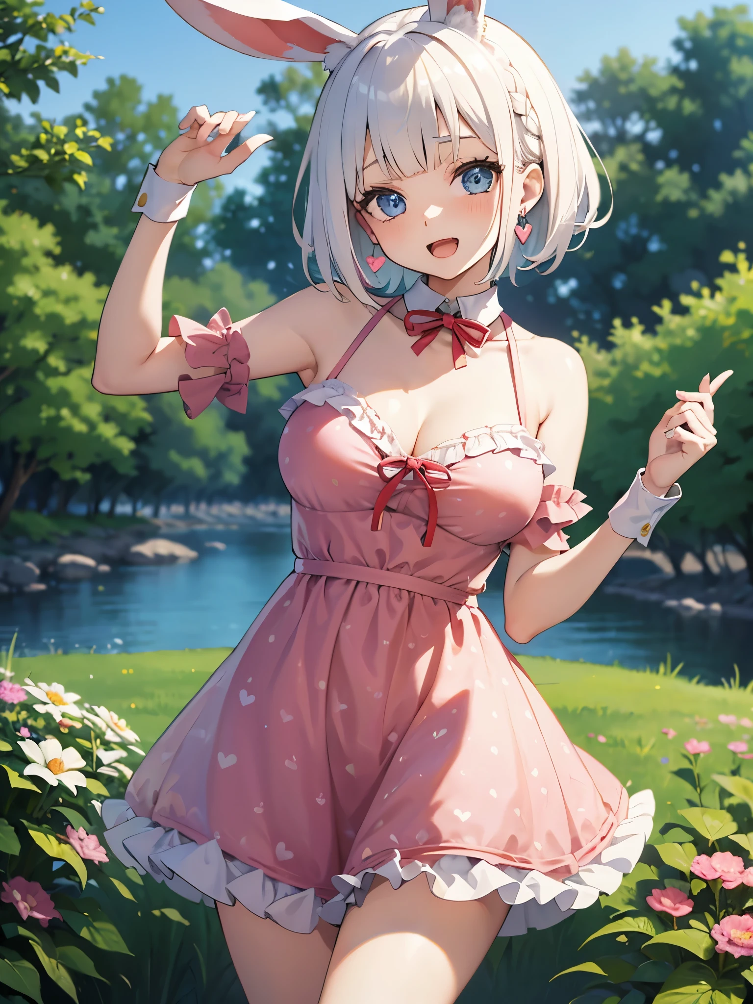(masterpiece:1.3), (best quality:1.3), high resolution, couboy shot, leaning forward, body facing forward, (one cute girl:1.3), solo, white skin, big Breast, eight-headed person, light white hair, (bobbed hair:1.2), (short hair:1.1), (blunt bangs:1.2), beautiful hair, braided hair, blue eyes, beautiful detailed eyes, open mouth, heart, cheerful smile, (rabbit ears:1.3), one piece summer dress, hearts printed, frill, miniskirt, pink clothes, earrings, sunny, shadowlighting