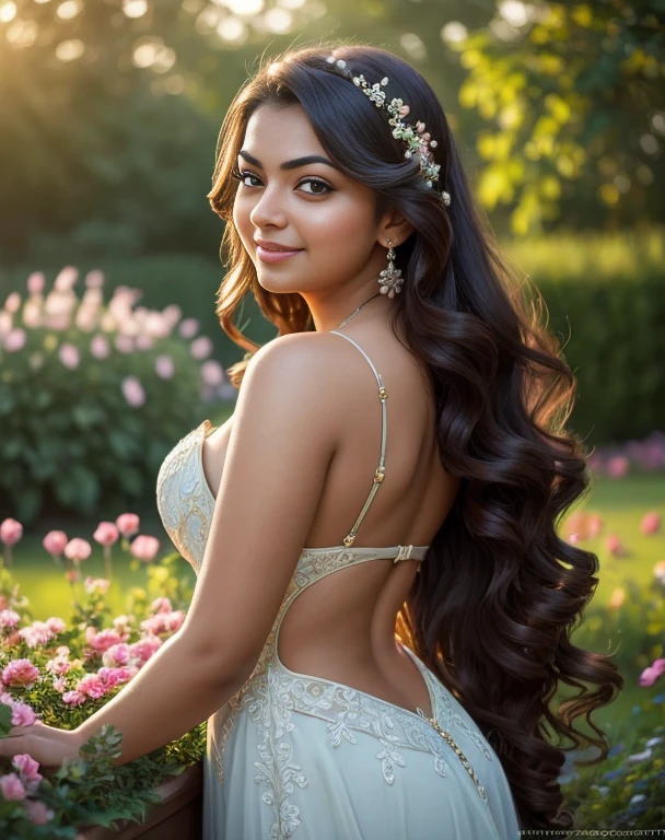 (masterpiece portrait photography:1.4) of a alluring ravishing curvy Nazriya Nazim, posing in a garden , wearing beautiful, wearing strappy vintage ornate mindress, ornate royal garden, (long flowing wavy backlit hair:1.2), fair radiant skin, vivacious, lustful glance, exhilarated (captivating kohl lined eyes:1.1) , (seductive smile:1.3) soft dramatic lighting, falling petals and flowers bokeh, key lighting, backlit, light rays, highly detailed, trending on artstation, paint splashes, rich colour, wind all around, abstract portrait, by Ron hicks
