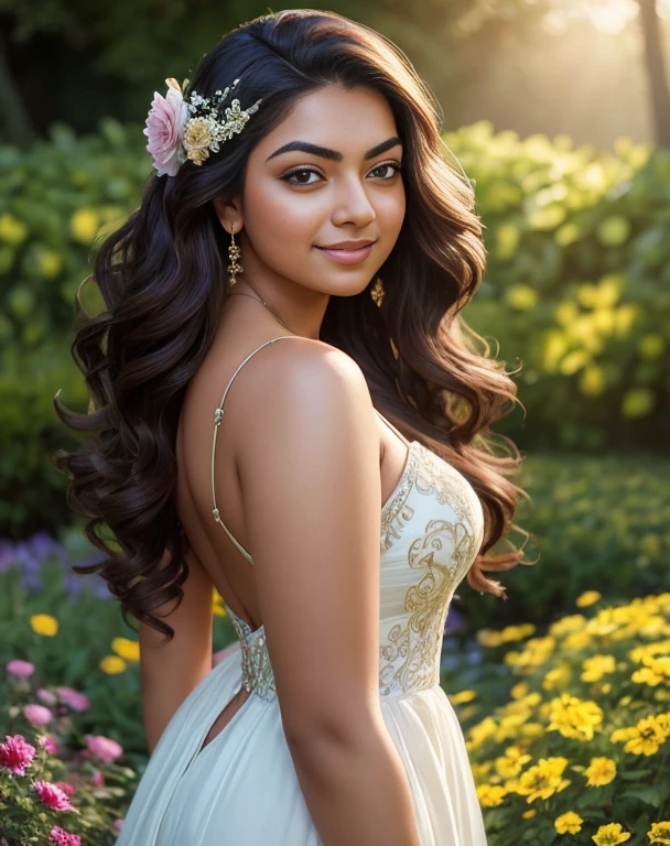 (masterpiece portrait photography:1.4) of a  alluring ravishing curvy Nazriya Nazim, posing in a garden , wearing beautiful, wearing strappy vintage ornate mindress, ornate royal garden, (long flowing wavy backlit hair:1.2), fair radiant skin, vivacious, lustful glance, exhilarated (captivating kohl lined eyes:1.1) , (seductive smile:1.3) soft dramatic lighting, falling petals and flowers bokeh, key lighting, backlit, light rays, highly detailed, trending on artstation, paint splashes, rich colour, wind all around, abstract portrait, by Ron hicks