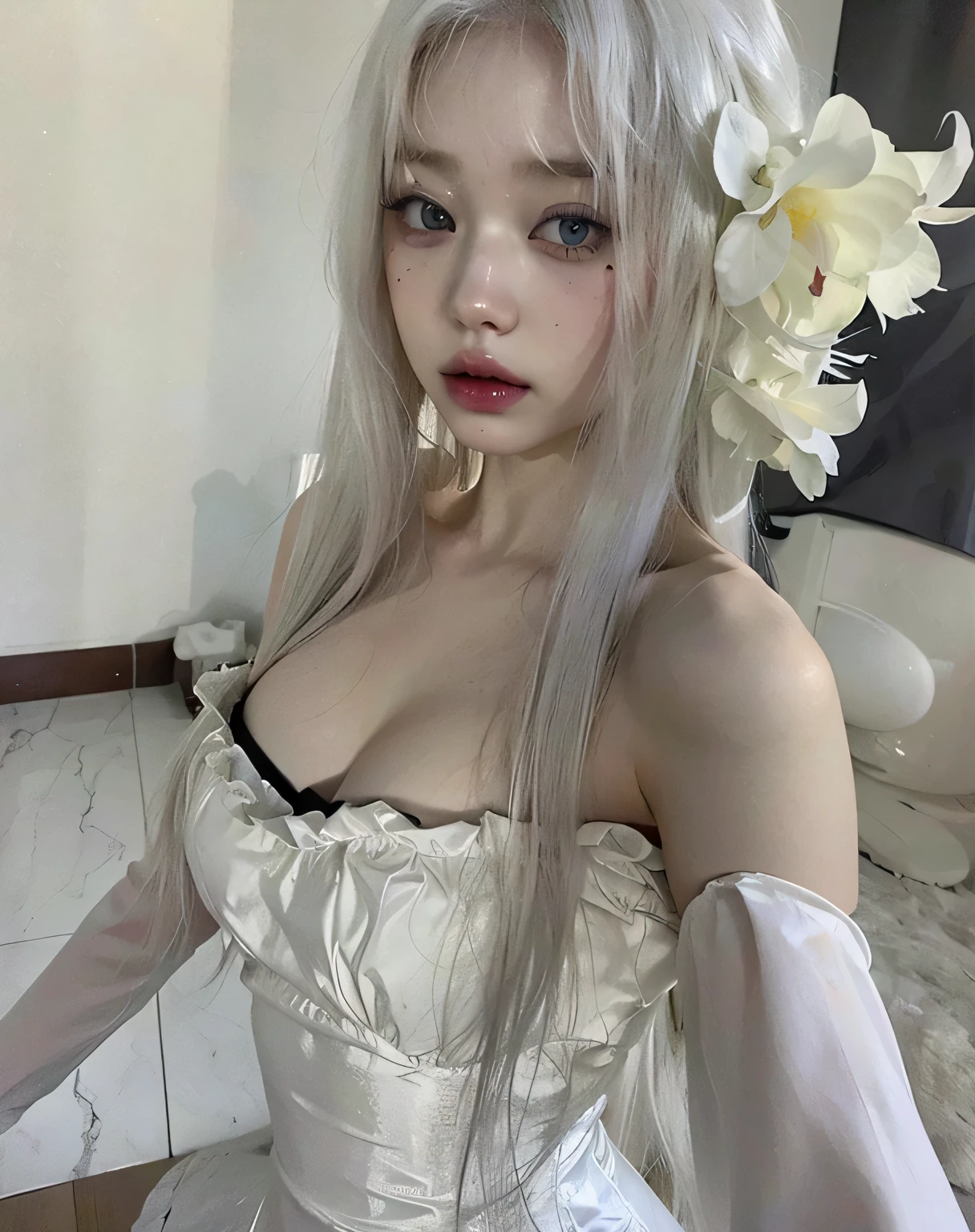 Mujer rubia con cabello blanco y ojos azules posando para una foto, Portrait of albino mystic, Tifa Lockhart con pelo blanco, con el pelo largo y blanco, albino pale white skin, pale porcelain white skin, con pelo largo blanco, young pale ghost, albino intenso, Chica con el pelo blanco, Porcelana piel blanca, piel blanca y ojos reflectantes, pale fur, albino mystic