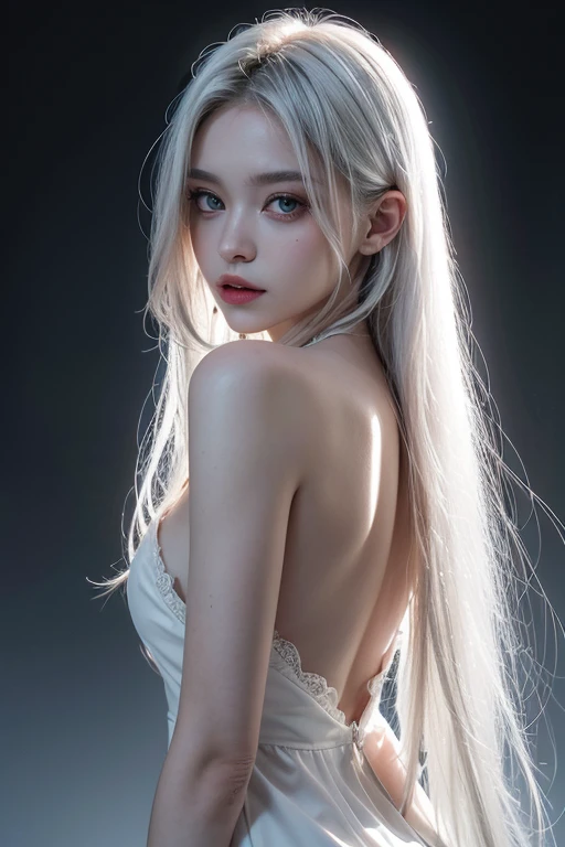 masterpiece, highest quality, (alone focus), (perfect face:1.1), (high detail:1.1),dramatic, (an alluring albino angel guy with long flowing pure white hair and piercing White eyes),1 person, (white skin), long hair, White eyes, alone, long hair, moon, night, white luxury suit, covered navel, covered, future city, detailed background, Art by artgerm Cinematic lighting, roses and vines, fashion, balenciaga style,no makeup、high nose、looking at camera