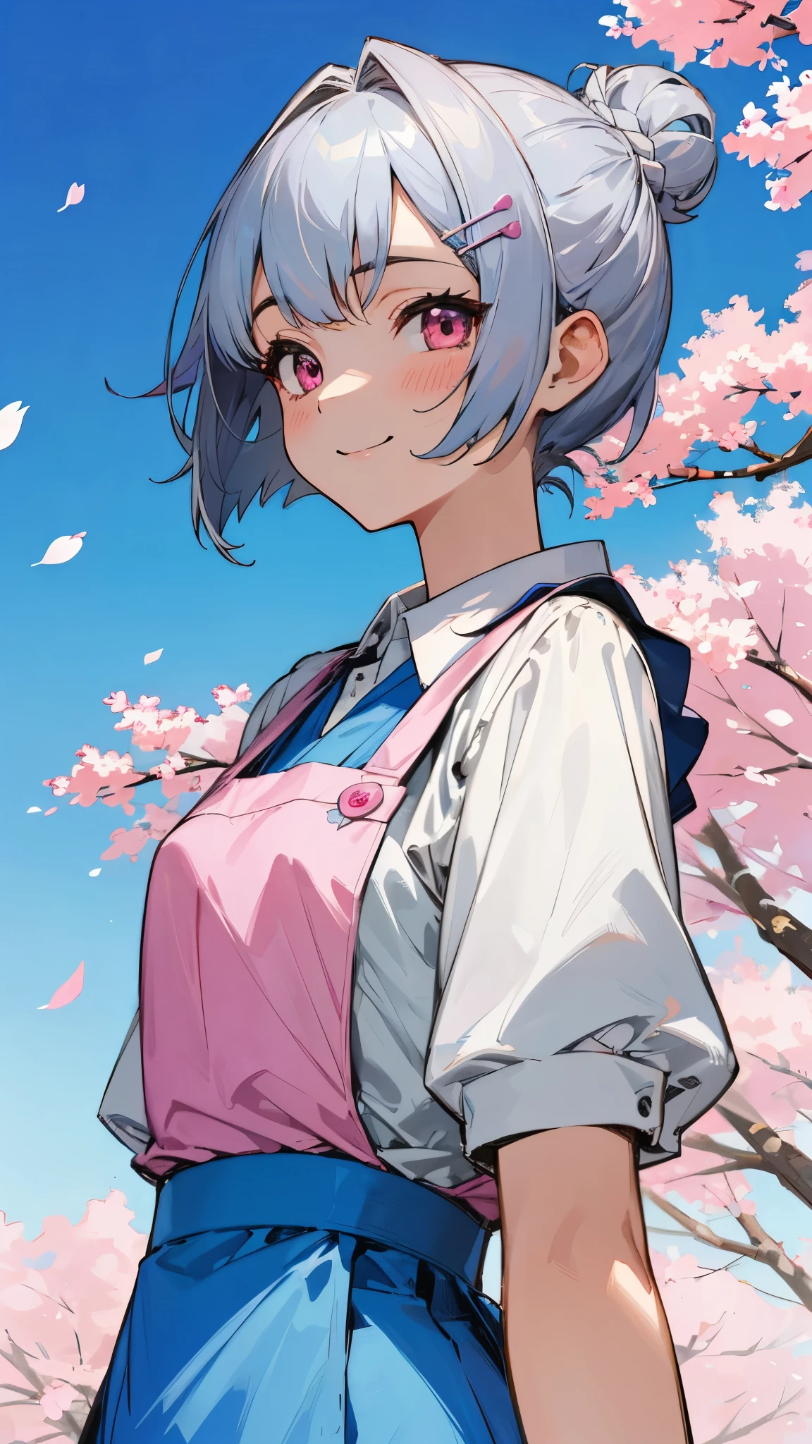 1 girl、anime painting、silver short hair and bob hair、Hair tied up in a bun with a hair clip、pink eyes、white blouse、blue skirt、Apron appearance、smile、upper body close-up、cherry blossom street tree background、sharp outline