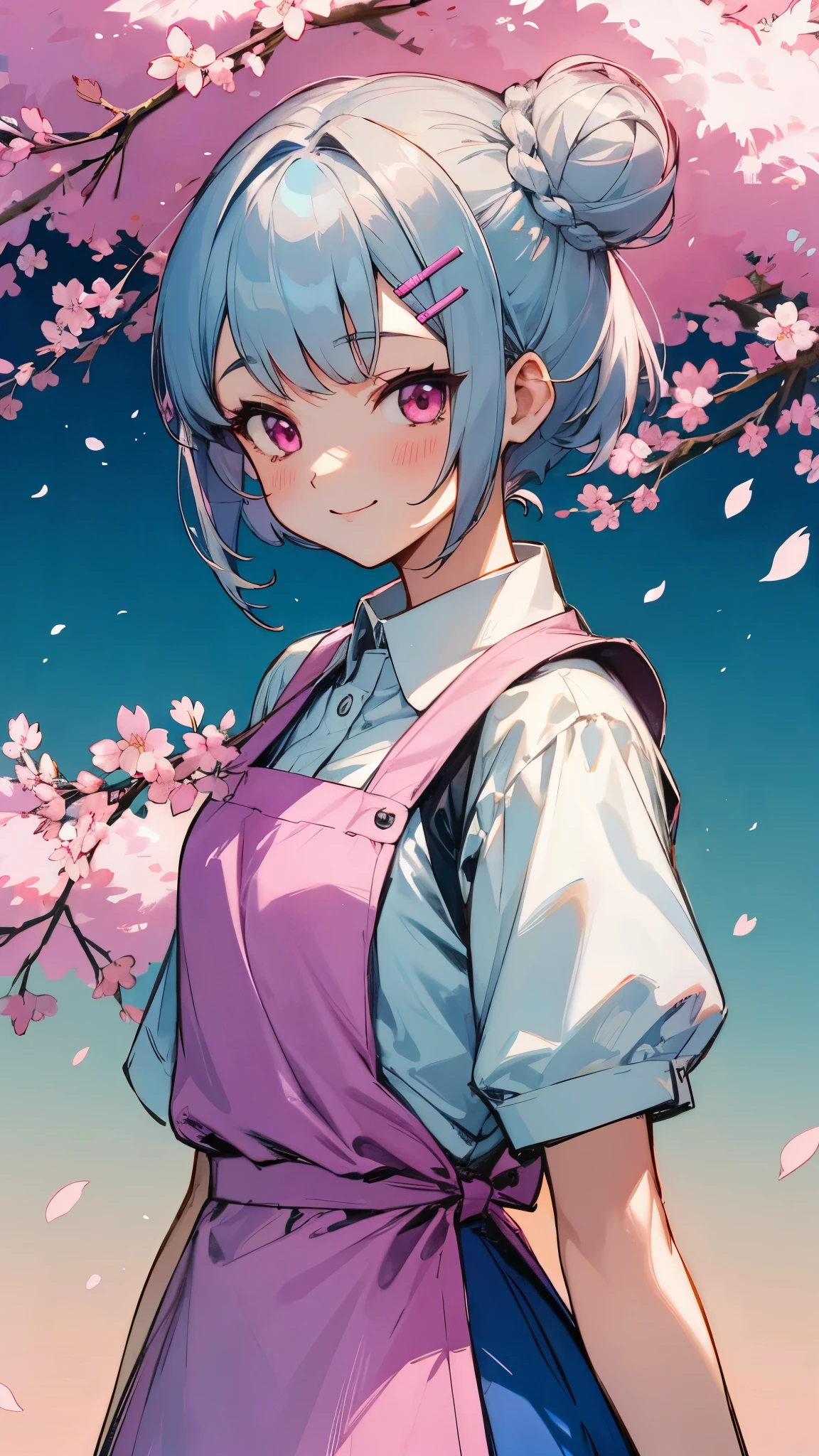 1 girl、anime painting、silver short hair and bob hair、Hair tied up in a bun with a hair clip、pink eyes、white blouse、blue skirt、Apron appearance、smile、upper body close-up、cherry blossom street tree background、sharp outline