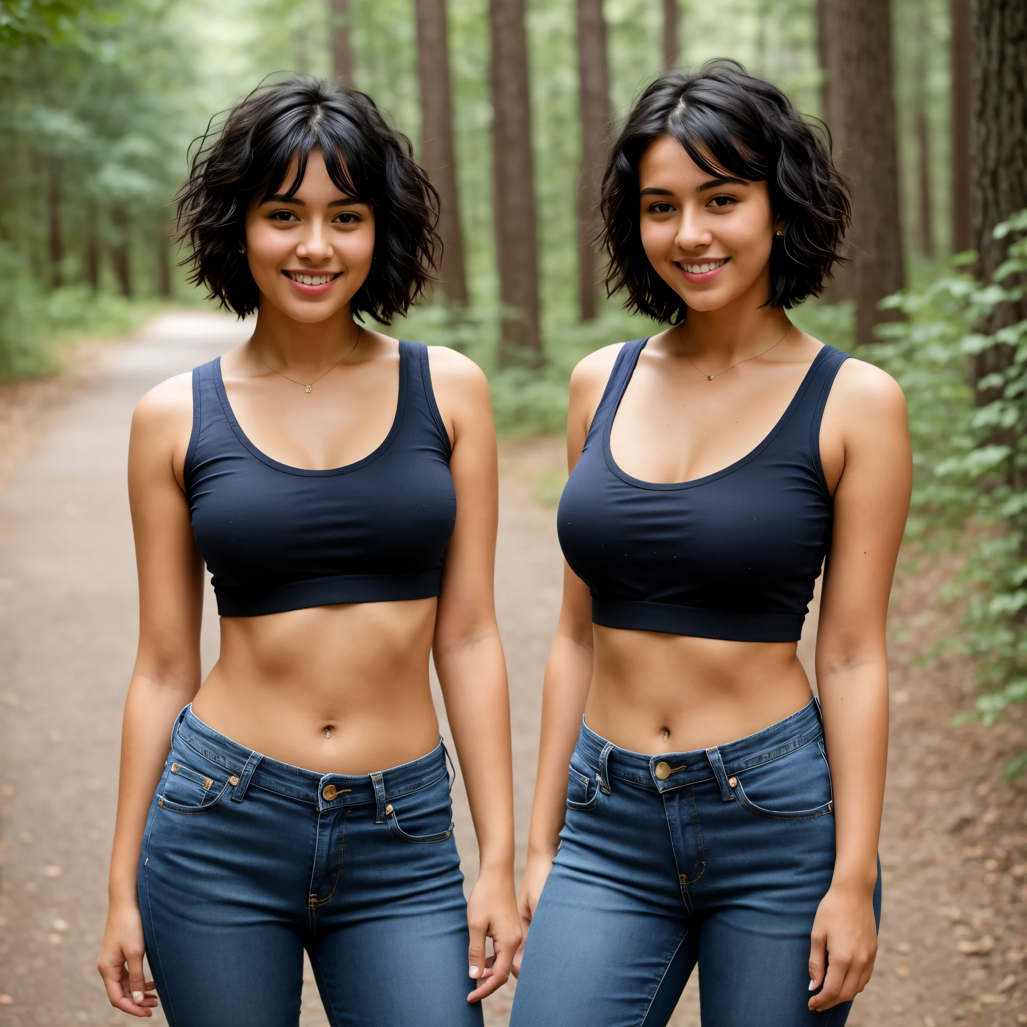 best quality, 1girl, ((looking at viewer)), dark blue hair, black eyes, very short hair, spiky hair, ahoge, t-shirt, high waisted jeans, 171cm, messy hair, hair between eyes, medium breasts, beauty breasts, plump, dark skin, tomboy, adult, 20 years old, 1girl, solo, sole, grin, wide hips, thighs, standing, bokeh, forest
