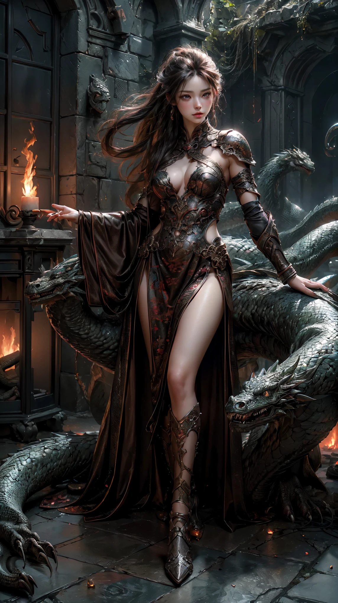 ((masterpiece, highest quality, Highest image quality, High resolution, photorealistic, Raw photo, 8K)), Dungeons & Dragons, A huge stone hall, female warriors surrounding a fire-breathing dragon, detailed face, detailed eyes, detailed hands, full body