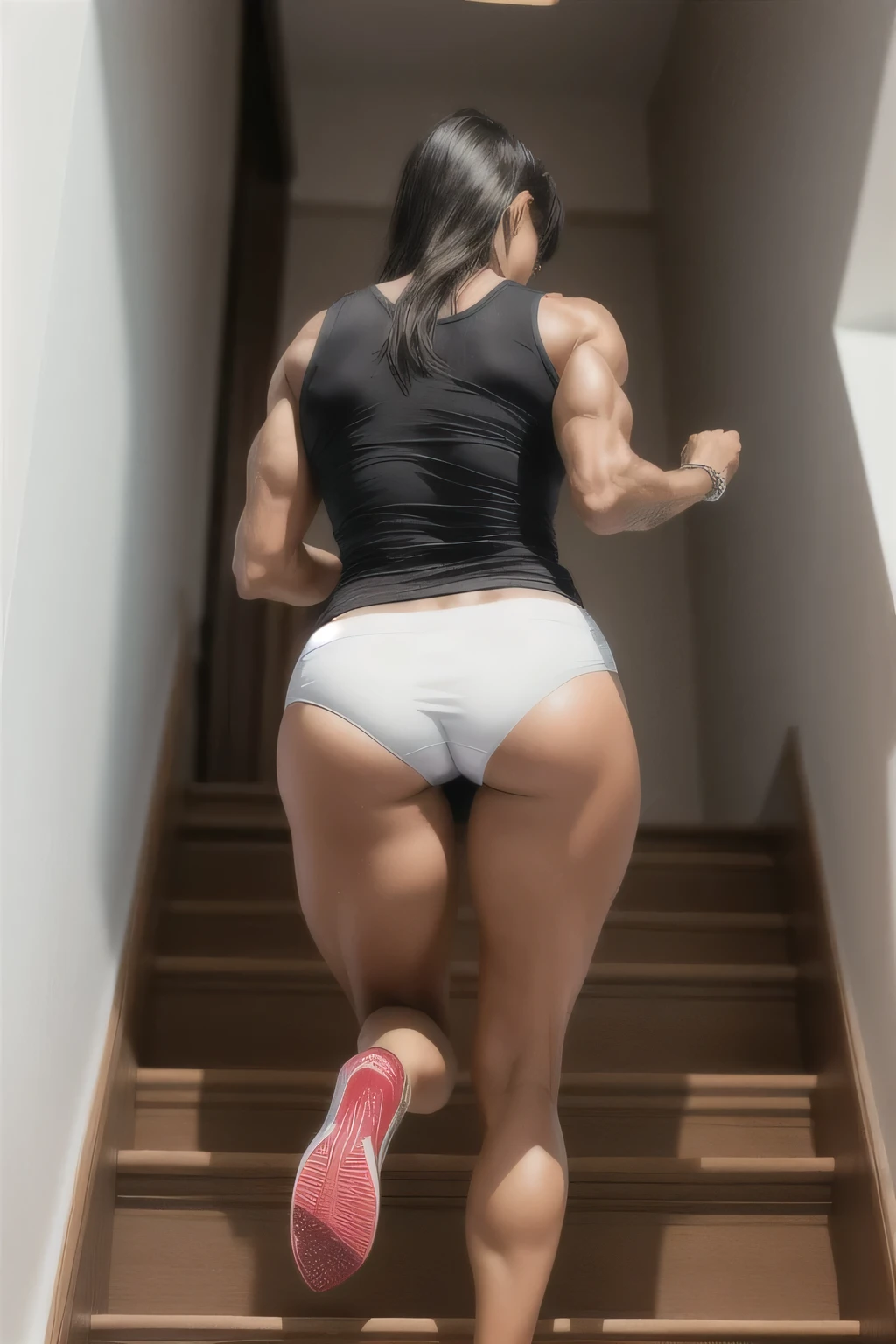 Woman in white panties climbing a flight of stairs, still photo from the rear view, rear view, back photo, rear view, back view, rear view!!, back photo, exposed thighs!!!, back photo, rear view. Woman in a black tank top and white panties climbing a flight of stairs, wearing a t-shirt and shorts, a white skirt and bare chest, breasts exposed while wearing a white t-shirt, thighs exposed!! !, round thighs, thick legs. She is 155 cm tall and around 40 years old. A woman with tanned white skin and dark hair. She is around 40 years old. She has slightly full lips and dark brown eyes. Perfect body, slim body, slim waist. tanned skin, soft lips, red lipstick, a feeling of lightness and joy, hyperrealism, very elaborate skin. Fitness woman, fit woman, physically fit woman, full body photo, clear photo, high quality, high resolution, masterpiece, 8K.