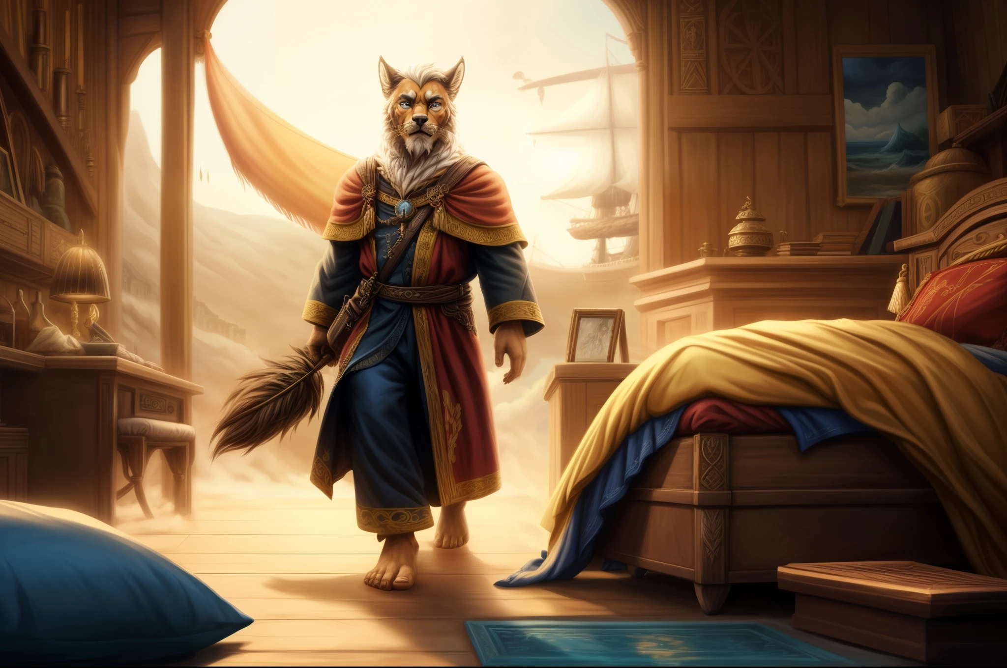 (((Barefoot furry character, full body, cinematic setting, male))) Masquerading as a man with a reason. My charade is the event of the season and if I claim to be a wise man, well it surely means that I don't know. On a stormy sea of moving emotion tossed about I'm like a ship on the ocean. I set a course for winds of fortune, but I hear the voices say: (Carry on my wayward son.) (There'll be peace when you are done.) (Lay your weary head to rest.) (Don't you cry no more.) BREAK, detailed background, 8K, (masterpiece:1.5), intricate details, highly detailed, extreme detail, octane render, fine art, best quality, highres, (detailed face:1.5), ((full_body)), UHD, (((perfect hands)))