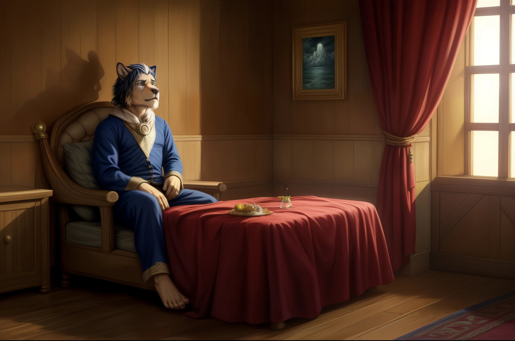 (((Barefoot furry character, full body, cinematic setting, male))) Masquerading as a man with a reason. My charade is the event of the season and if I claim to be a wise man, well it surely means that I don't know. On a stormy sea of moving emotion tossed about I'm like a ship on the ocean. I set a course for winds of fortune, but I hear the voices say: (Carry on my wayward son.) (There'll be peace when you are done.) (Lay your weary head to rest.) (Don't you cry no more.) BREAK, detailed background, 8K, (masterpiece:1.5), intricate details, highly detailed, extreme detail, octane render, fine art, best quality, highres, (detailed face:1.5), ((full_body)), UHD, (((perfect hands)))