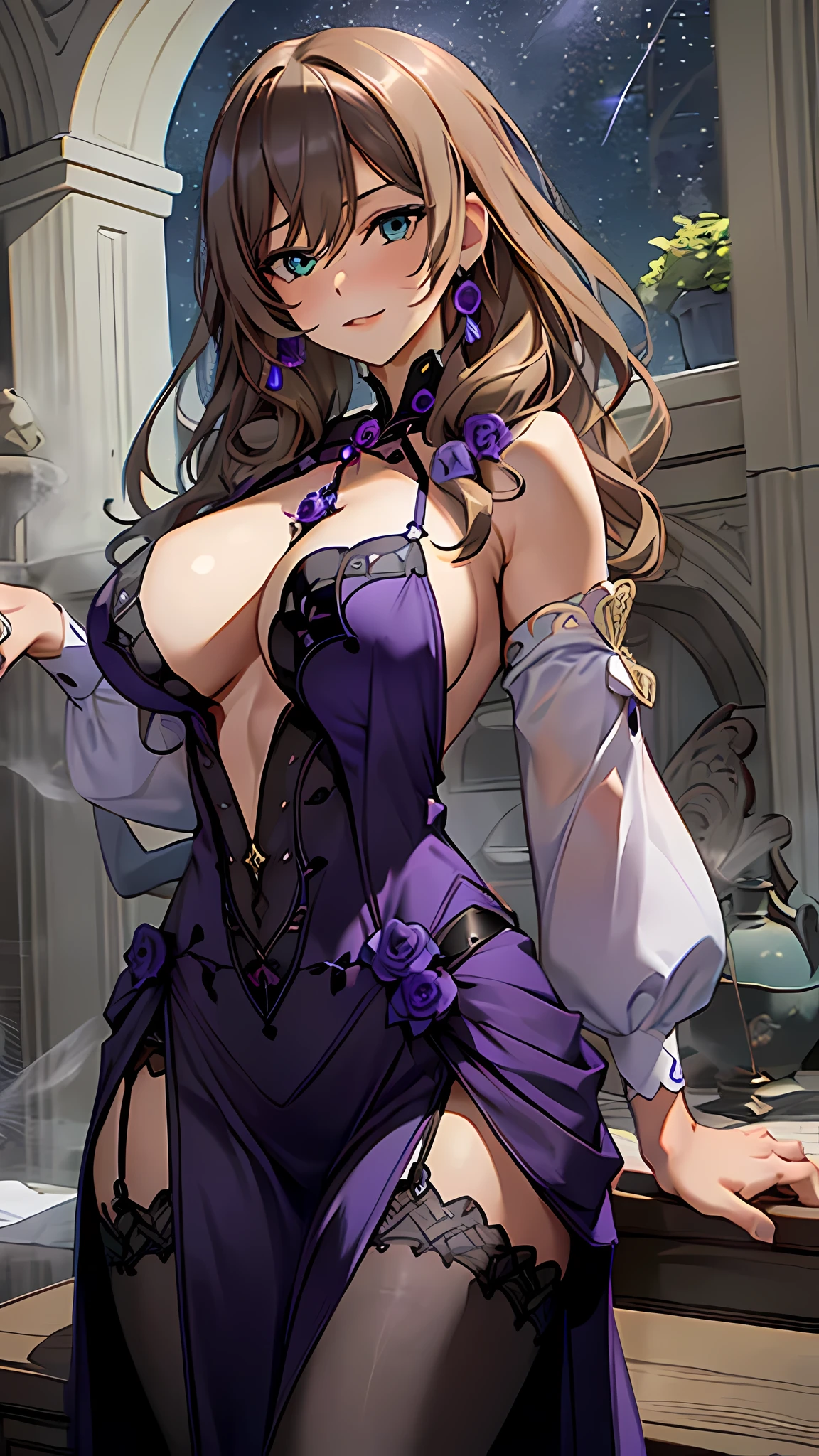 (masterpiece), best quality, expressive eyes, perfect face,(((1girl:1.2))),(mature woman),(big breasts:1.4),(purple and black ornate deep v dress:1.5),long hair,curly hair,curvy,garter belt,sexy pose,castle,(night:1.1),(starry sky:1.1),standing,head tilt,dynamic angle,light smile, cleavage, hair ornament, green eyes, light brown hair, hair flower, detached sleeves,looking at viewer