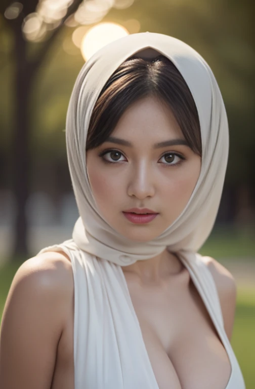 brownies, sky,moon, (Close-up of the painting style，Ultra HD 8K，Masterpiece grade CG wallpaper)，Cinematic lighting，cute girly，Delicate and beautiful face，Dreamy pupils，Wearing nekomaid,round breasts ,hijabi,Bust poem, naked，park background, cleavage, magical