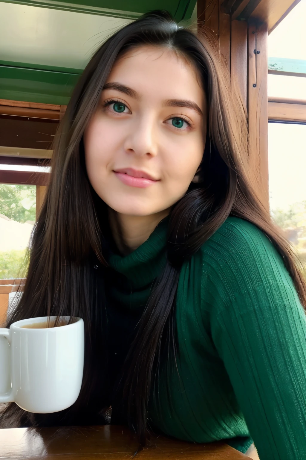 ((best quality)), ((masterpiece)), (detailed), (perfect face), (masterpiece), (ultradetailed), (realistic), (fotorealistic), (real), ultrarealistic) woman 30 Jahre alt, ((black long hair)), ((emerald green eyes)), bright pullover, natural pale skin, strands of hair on the sides of the head, ((small firm round breasts)), relaxed, sit in a cafe with a cup of tea in her hand, at a table in front of her lay a open book. 