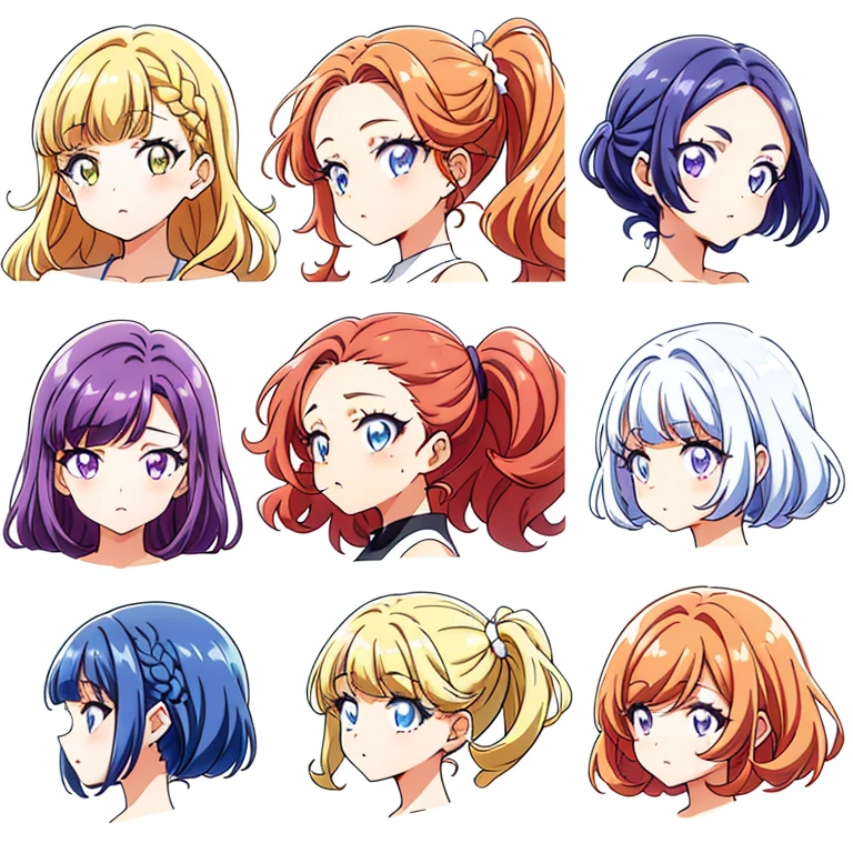 9 girls, white background,  different characters, multiple views, (Close up heads, portrait, mugshot), bra, bare shoulders, bikini, different hair colors, different hair styles, 
twin-tail hair style, 
pony-tail hair, wavy 
long hair, 
braid, 
parted bangs, 
high ponytail, 
low ponytail, 
big hair, cornrows, 
hair bun, 
hair rings, 
half updo hairstyle, 
diagonal bangs, 
two side up hair, 
flipped hair, 
blunt bangs, 

warm-toned hair colors, 
cool-toned hair colors, 
brown hair color, 
red hair color, 
yellow hair color, 
white hair color, 
purple hair color, 
blue hair color,