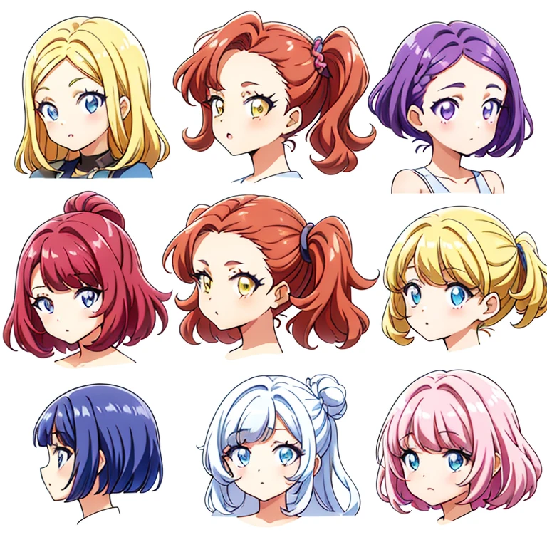 9 girls, white background,  different characters, multiple views, (Close up heads, portrait, mugshot), bra, bare shoulders, bikini, different hair colors, different hair styles, 
twin-tail hair style, 
pony-tail hair, wavy 
long hair, 
braid, 
parted bangs, 
high ponytail, 
low ponytail, 
big hair, cornrows, 
hair bun, 
hair rings, 
half updo hairstyle, 
diagonal bangs, 
two side up hair, 
flipped hair, 
blunt bangs, 

warm-toned hair colors, 
cool-toned hair colors, 
brown hair color, 
red hair color, 
yellow hair color, 
white hair color, 
purple hair color, 
blue hair color,