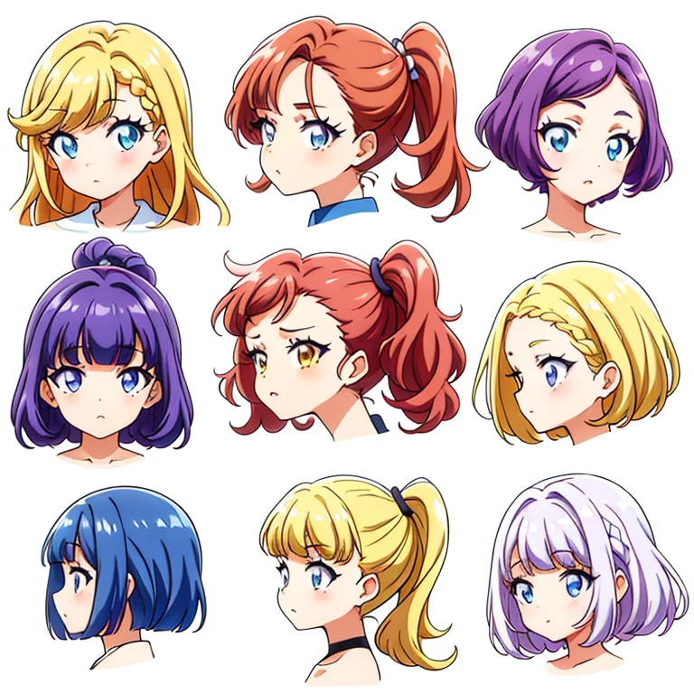 9 girls, white background,  different characters, multiple views, (Close up heads, portrait, mugshot), bra, bare shoulders, bikini, different hair colors, different hair styles, 
twin-tail hair style, 
pony-tail hair, wavy 
long hair, 
braid, 
parted bangs, 
high ponytail, 
low ponytail, 
big hair, cornrows, 
hair bun, 
hair rings, 
half updo hairstyle, 
diagonal bangs, 
two side up hair, 
flipped hair, 
blunt bangs, 

warm-toned hair colors, 
cool-toned hair colors, 
brown hair color, 
red hair color, 
yellow hair color, 
white hair color, 
purple hair color, 
blue hair color,