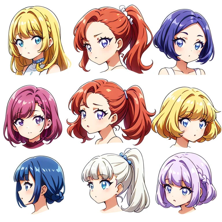 9 girls, white background,  different characters, multiple views, (Close up heads, portrait, mugshot), bra, bare shoulders, bikini, different hair colors, different hair styles, 
twin-tail hair style, 
pony-tail hair, wavy 
long hair, 
braid, 
parted bangs, 
high ponytail, 
low ponytail, 
big hair, cornrows, 
hair bun, 
hair rings, 
half updo hairstyle, 
diagonal bangs, 
two side up hair, 
flipped hair, 
blunt bangs, 

warm-toned hair colors, 
cool-toned hair colors, 
brown hair color, 
red hair color, 
yellow hair color, 
white hair color, 
purple hair color, 
blue hair color,