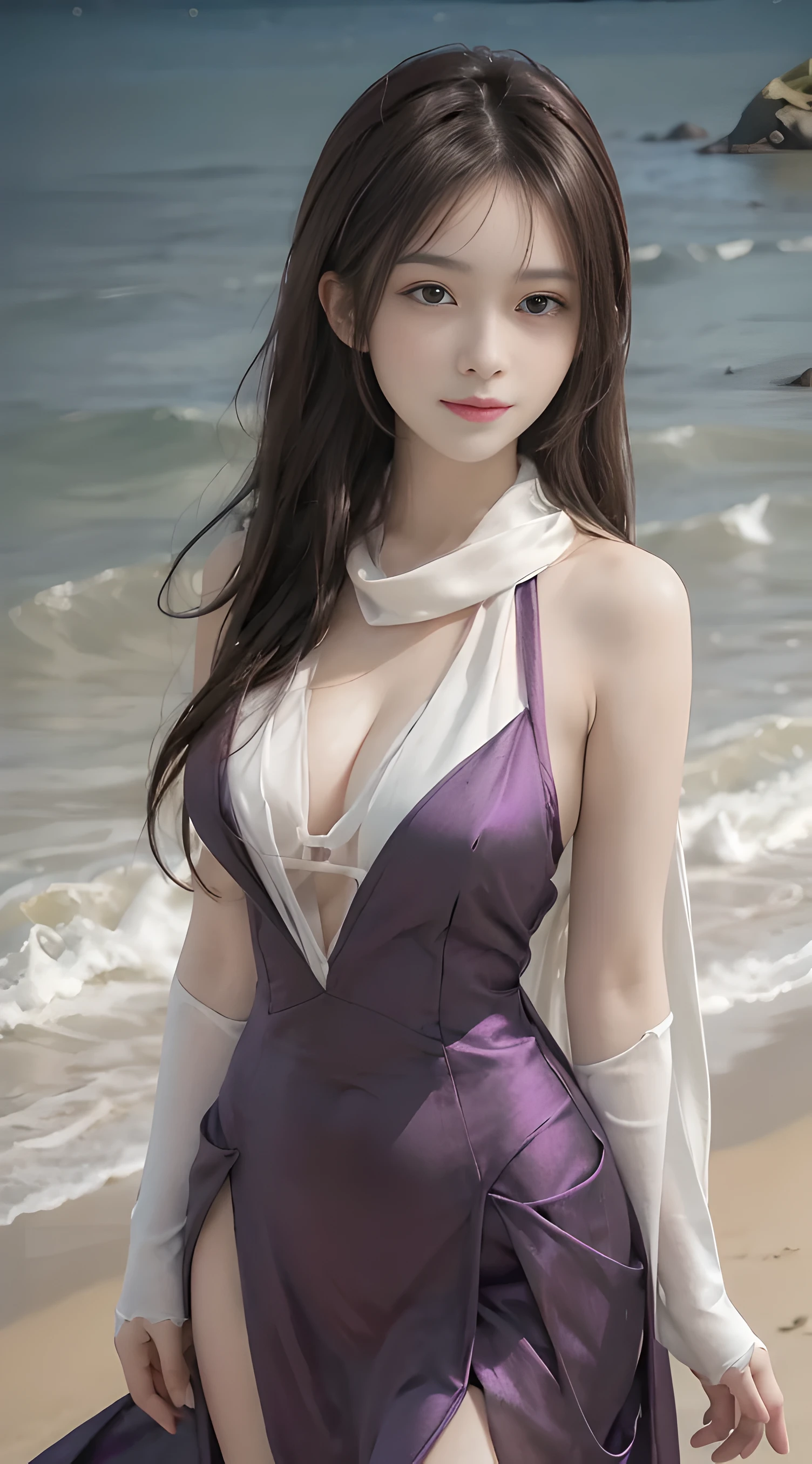 (Ultra Realistic), (Illustration), (Increased Resolution), (8K), (Extreme Detail), (Best Illustration), (Best Quality and Detail), (Super Detail detail), (Masterpiece), (background), (detailed face), solo, 1 girl, looking at viewer, she is standing next to a large sea, beautiful detail, detailed face, in dark shadow, deep shadow, low key, pureerosfaceace_v1, smiling, long hair, white scarf, straight hair, 46 point oblique bangs, perfect shiny skin, Looking at viewer, sexy top, purple dress according to Shanghai style model with sexy thigh slits, sexy big breasts, revealing cleavage, sexy dress, movie-like lighting