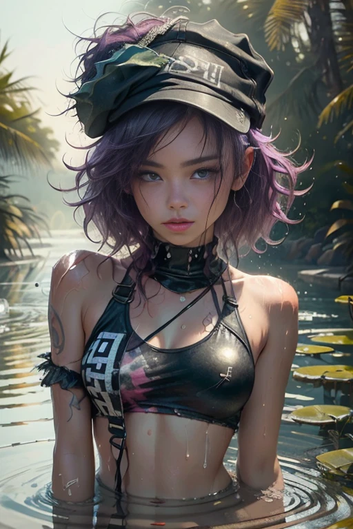 Beauty in hair, with a hat,short punk outfit,Dew, wet body and clothes,drops on the body,High humidity,swimming,(Delicate images),(Photorealistic: 1.4),(Highly detailed),(high resolution),(Best quality),(masterpiece)