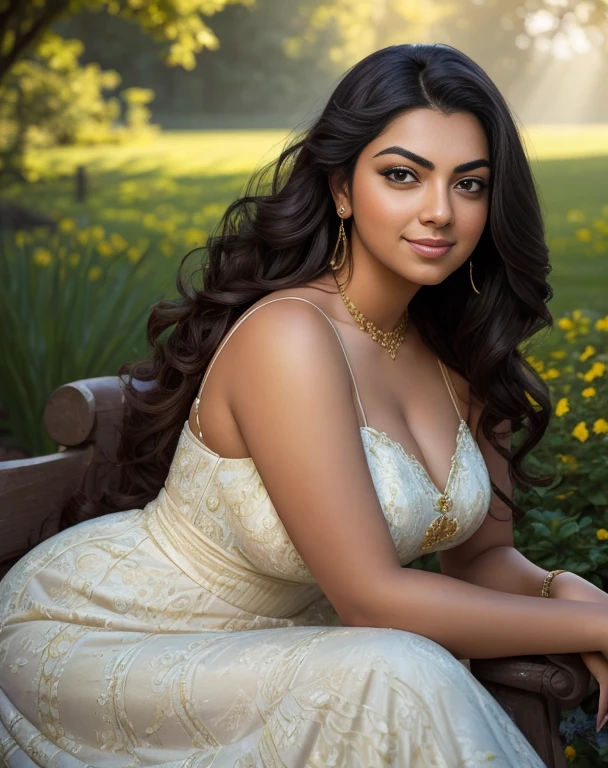 (masterpiece portrait photography:1.4) of a alluring ravishing curvy Nazriya Nazim, posing in a garden , wearing beautiful, wearing strappy vintage ornate mindress, ornate royal garden, (long flowing wavy backlit hair:1.2), fair radiant skin, vivacious, lustful glance, exhilarated (captivating kohl lined eyes:1.1) , (seductive smile:1.3) soft dramatic lighting, falling petals and flowers bokeh, key lighting, backlit, light rays, highly detailed, trending on artstation, paint splashes, rich colour, wind all around, abstract portrait, by Ron hicks