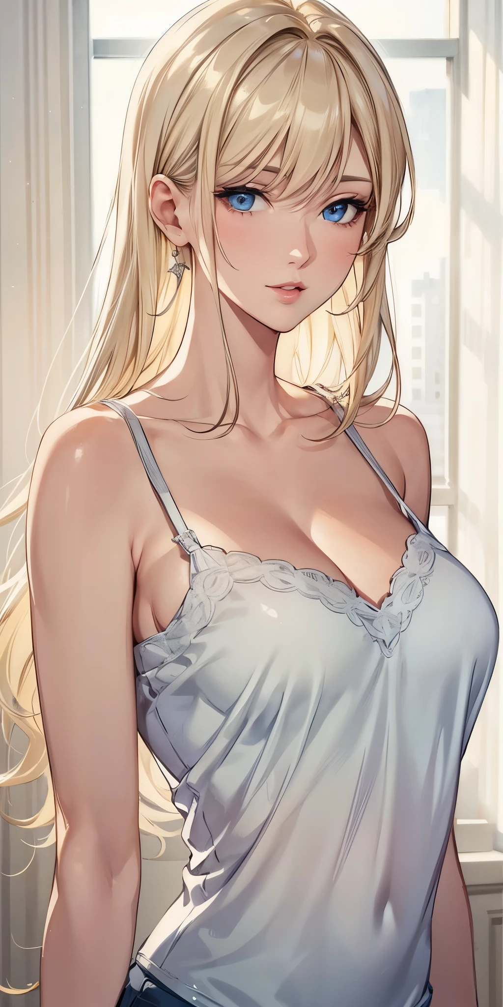 portrait, realistic, elegant mature woman, blue eyes, blonde hair, big breast, 4k resolution, beautiful cg, soft light