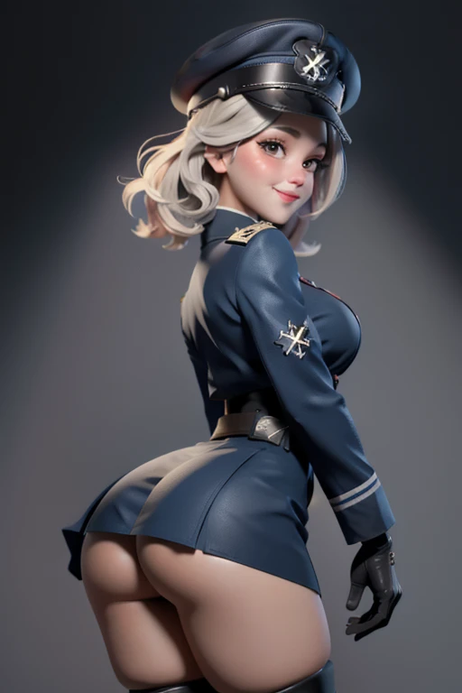 (absurdres,official art,unity 8k wallpaper,ultra detailed,High quality,best quality),1girl,iron cross,blush,peaked cap,skirt,ass,smile,two side up,(ass support),(hands on own ass),white gloves,military uniform,highly detailed,absurdres,masterpiece, full body, high heels boots,