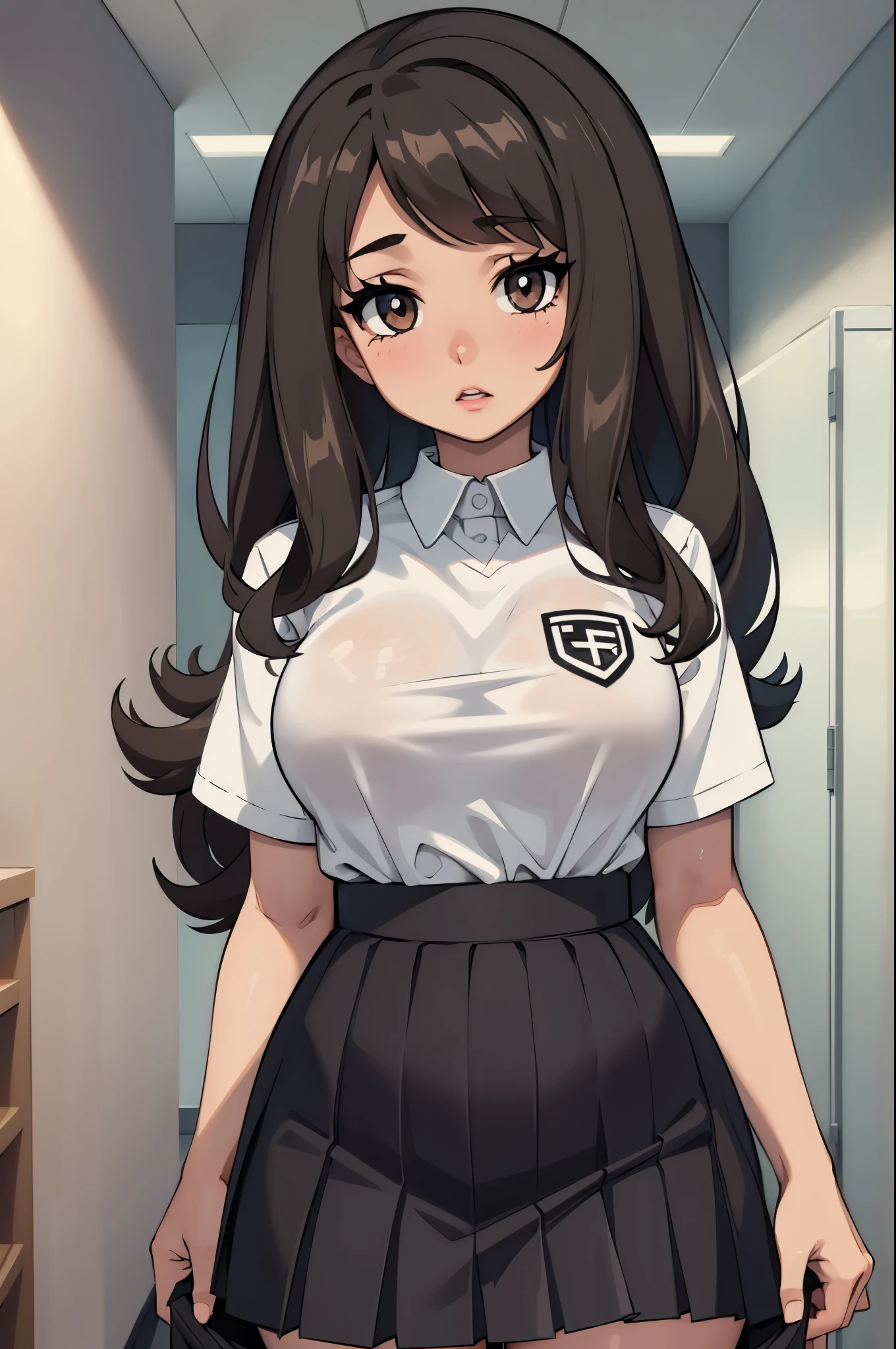 (Masterpiece, Best quality:1.1), brown skin, pokimane, black hair, seductive look, shy, has a deep secret, viewer_pov, black eyes, school girl, white shirt, black skirt, wet clothes