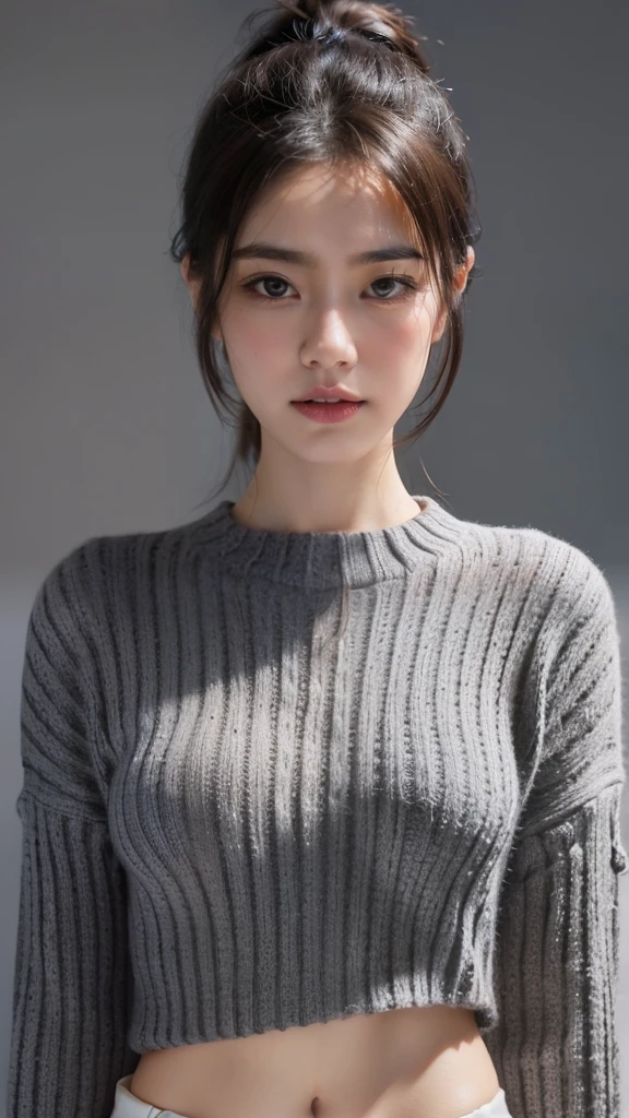 (the Extremely Detailed CG Unity 8K Wallpapers,masutepiece, Best Quality, Ultra-detailed), Gray background, 26-year-old female living in Japan, Sexy 26 year old woman, Bust emphasis:1.2, (Small size knitwear), Body line enhancement,