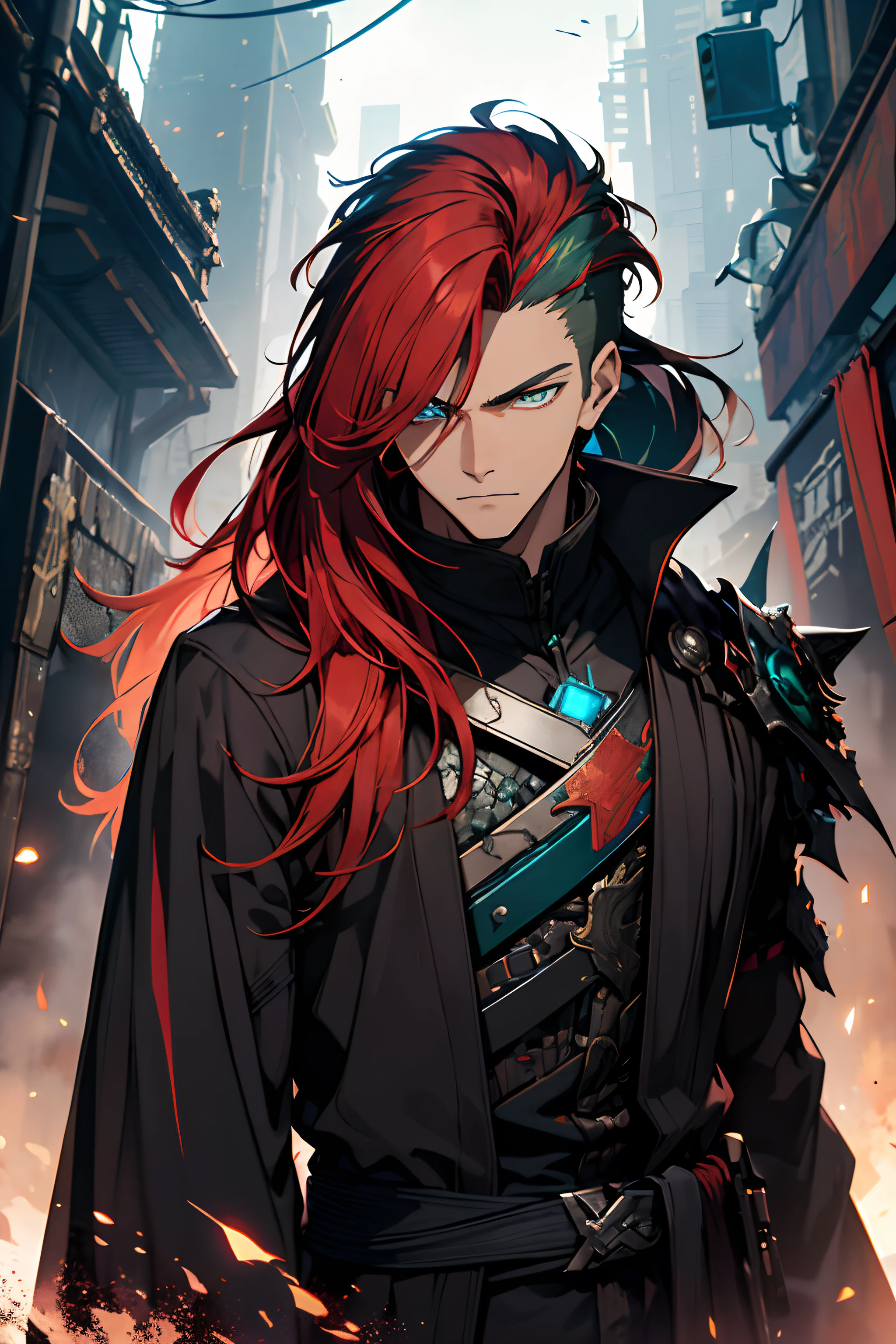 Cyberpunk male, fantasy world, dark background, clean design, epic instagram, artstation, colorful paint splatter, silhouette, hyper detailed intricate details, unreal engine, fantasy, intricate details, splash screen, complementary colors, Fantasy concept art, 8k resolution, deviantart masterpiece, oil painting, heavy strokes, (((handsome young man))), ((teenage:1.5) ), (green eyes), ((light eyes)), (((long ginger hair: 1.1))), ((black and red clothes)), (prince\\(indifferent expression\\),, ( ((Wears high detail luxurious black robe))), red hair, (chest) --v 6
