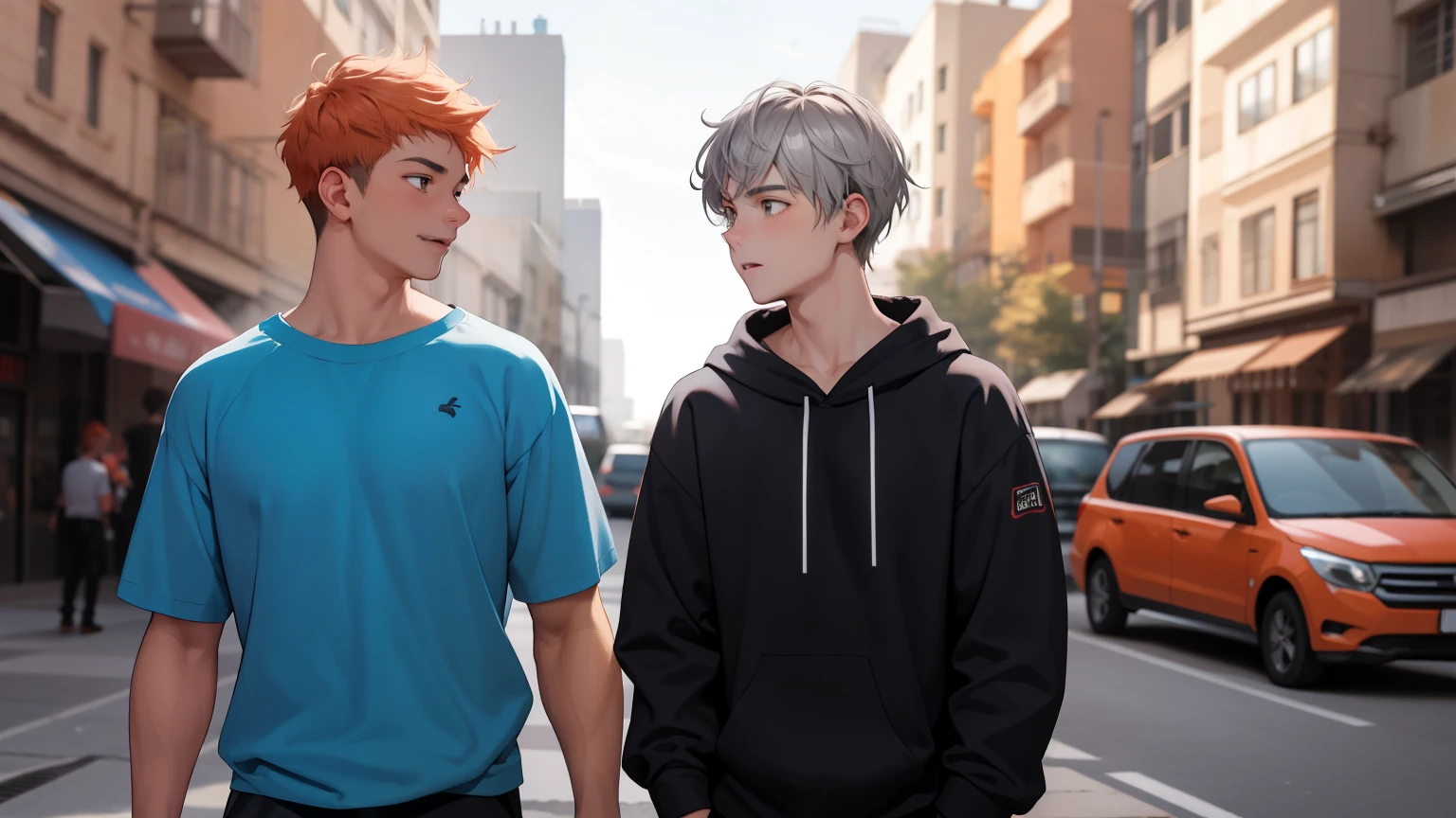 In the background there is a pink and silver Arab city Two 15-year-old teenage friends with orange hair With Latin skin and light gray hair on the outskirts of a large silver city they are talking about an important topic, they are friends almost like brothers.................