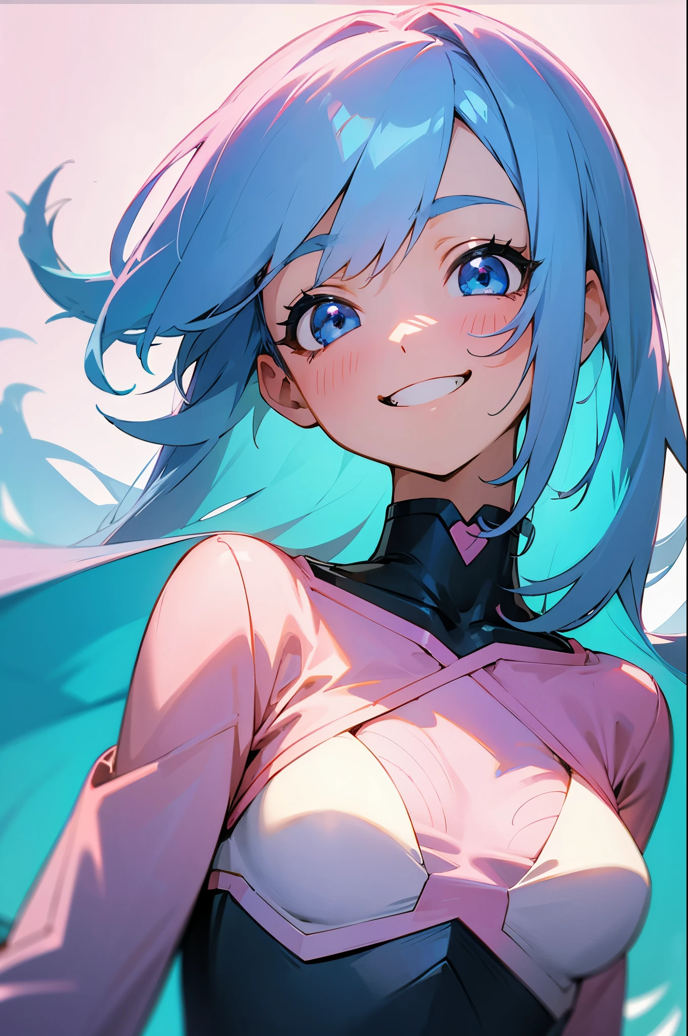 1 girl、pink hair、beautiful anime girl、small breasts、long hair、bangs、blue hair、light blue eyes、upper body close-up、grin and laugh