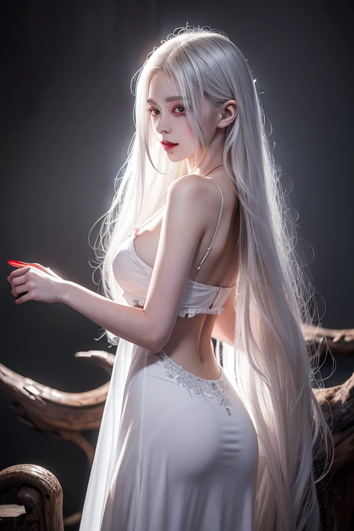 top-quality、8K、full body Esbian、White Goddess、white longhair、Trimmed bangs、Blue damp eyes、half-opened mouth、Face of disgrace with snow-white skin、Wearing a thin, White transparent cloth、middlebreasts、Captivity、Hands hanging、20yr old、Deities々Lighting、professional photograpy