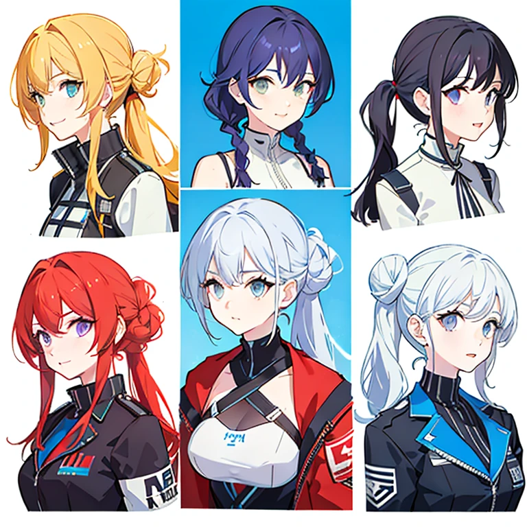 9 girls, white background,  different characters, multiple views, (Close up heads, portrait, mugshot), bra, bare shoulders, bikini, different hair colors, different hair styles, 
twin-tail hair style, 
pony-tail hair, wavy 
long hair, 
braid, 
parted bangs, 
high ponytail, 
low ponytail, 
big hair, cornrows, 
hair bun, 
hair rings, 
half updo hairstyle, 
diagonal bangs, 
two side up hair, 
flipped hair, 
blunt bangs, 

warm-toned hair colors, 
cool-toned hair colors, 
brown hair color, 
red hair color, 
yellow hair color, 
white hair color, 
purple hair color, 
blue hair color,