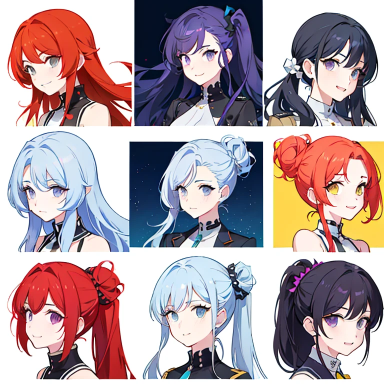 9 girls, white background, different characters, multiple views, (Close up heads, portrait, mugshot), bra, bare shoulders, bikini, different hair colors, different hair styles,
twin-tail hair style,
pony-tail hair, wavy
long hair,
braid,
parted bangs,
high ponytail,
low ponytail,
big hair, cornrows,
hair bun,
hair rings,
half updo hairstyle,
diagonal bangs,
two side up hair,
flipped hair,
blunt bangs,
warm-toned hair colors,
cool-toned hair colors,
brown hair color,
red hair color,
yellow hair color,
white hair color,
purple hair color,
blue hair color,