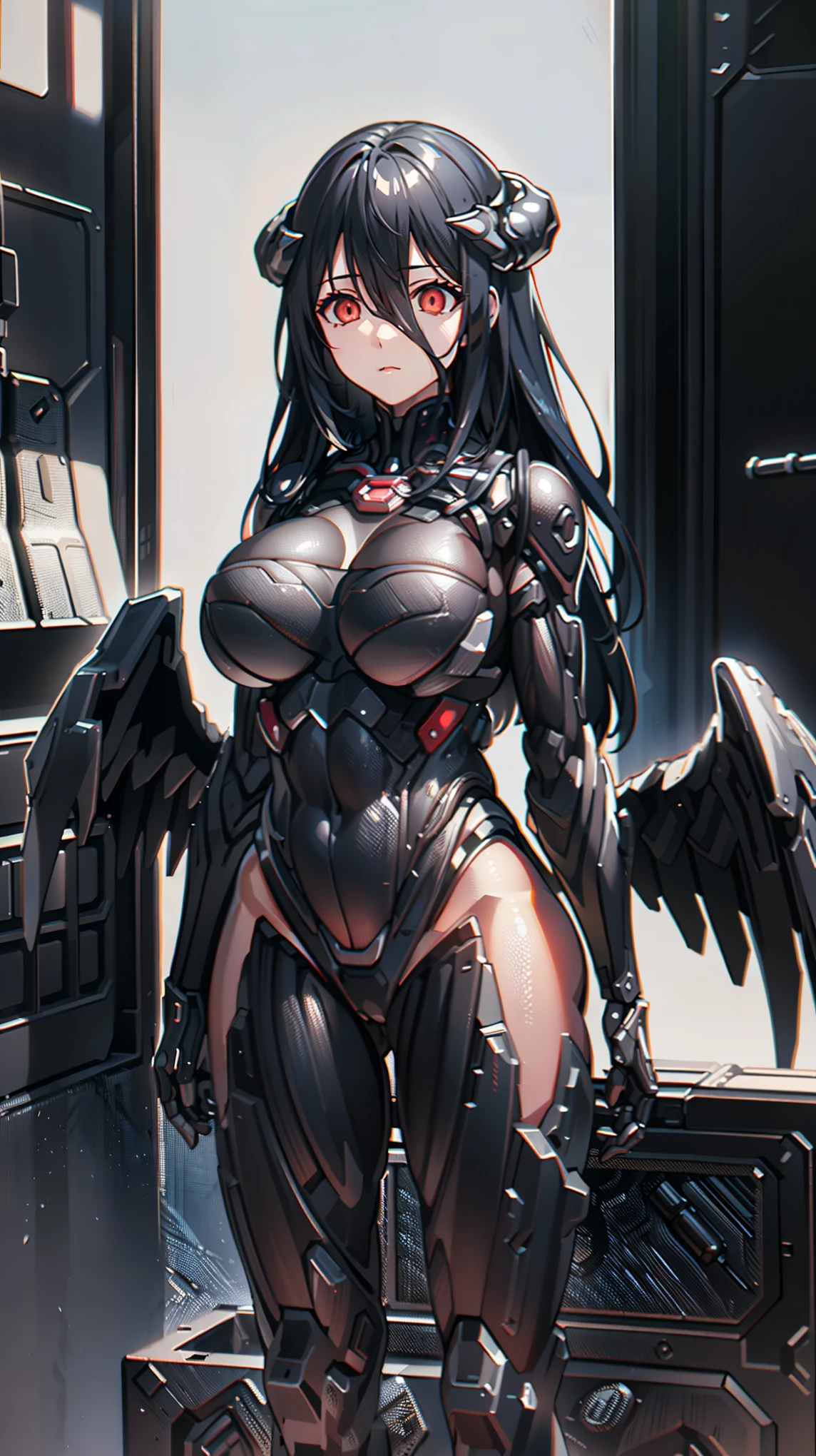 1 girl, al1, demon horns, black wings, feathered wings, low wings,(Overload),((huge breasts 1.5)), Shining crimson eyes,absurd, brainwashing,empty eyes, mind control device,((No expression,erasure of emotions)), (black nano suit) , full body figure,(standing in メカnical box:1.5),  (highest quality、4k、8K、High resolution、must have:1.2)、Super detailed、(reality、reality的なです、reality的な:1.37)、ticker、hyper hd、studio lighting、ultra definition paint、sharp focus、Physically based rendering、extreme details、Professional specifications、vibrancy and color、blurry、sports portrait、landscape、horror style、anime big breasts、SF、photograph、concept artist、five fingers, perfect body,  {{{masterpiece}}}, {{{highest quality}}}, {{Super detailed}}, {shape}, {{very delicate and beautiful}},Improved cost performance、all roles、Canon 5D MK4でphotograph、photograph, 