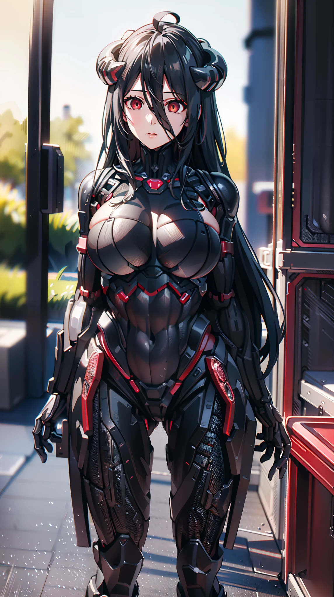 1 girl, al1, demon horns, black wings, feathered wings, low wings,(Overload),((huge breasts 1.5)), Shining crimson eyes,absurd, brainwashing,empty eyes, mind control device,((No expression,erasure of emotions)), (black nano suit) , full body figure,(standing in メカnical box:1.5),  (highest quality、4k、8K、High resolution、must have:1.2)、Super detailed、(reality、reality的なです、reality的な:1.37)、ticker、hyper hd、studio lighting、ultra definition paint、sharp focus、Physically based rendering、extreme details、Professional specifications、vibrancy and color、blurry、sports portrait、landscape、horror style、anime big breasts、SF、photograph、concept artist、five fingers, perfect body,  {{{masterpiece}}}, {{{highest quality}}}, {{Super detailed}}, {shape}, {{very delicate and beautiful}},Improved cost performance、all roles、Canon 5D MK4でphotograph、photograph, 