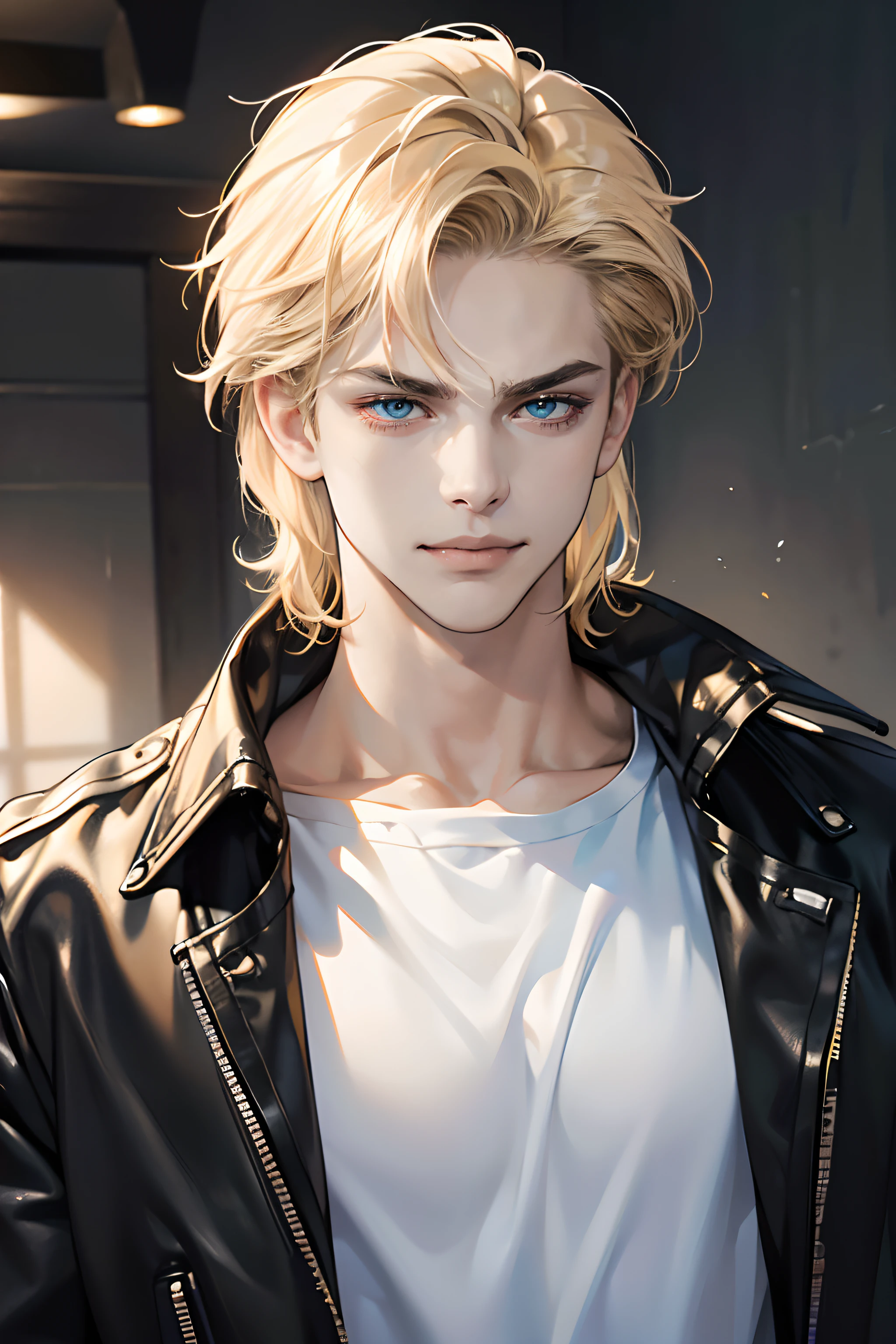 (tmasterpiece, high resolution, ultra - detailed:1.0), (1 boy, Young male, masculine face), Perfect male body, Adult male, Delicate eyes and delicate face, Extremely detailed CG, Unity 8k wallpaper, Complicated details, Detailed face, (blond hair, messy hair, serious faces, white T-shirt,Bad students), (frown,evil smile:1.3), Standing in school corridor,black leather jacket, color difference, Depth of field, dramatic shadow, Ray tracing, Best quality, Cinematic lighting, offcial art,Portrait