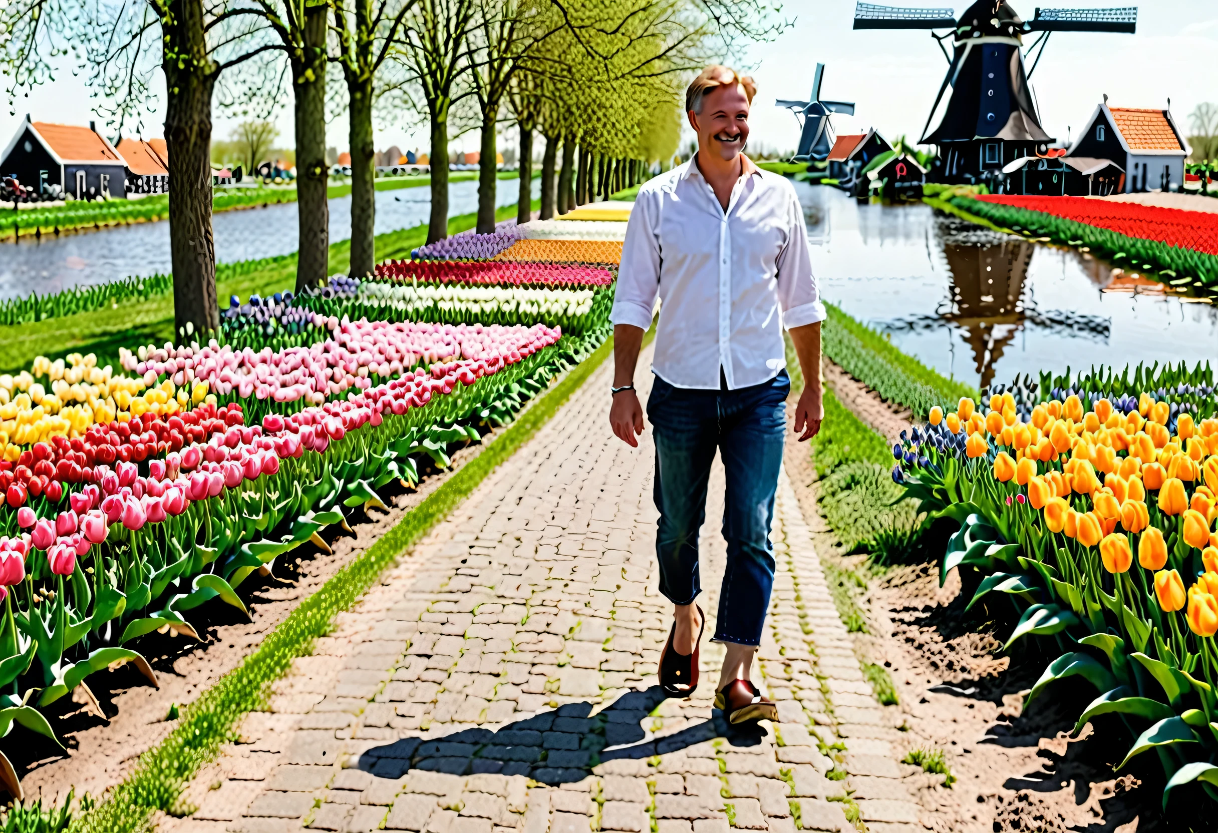 A dutch man walking along a canal/ wearing clogs/ a field of tulips/ windmill in the background/ no beard/ clean face/ salt and pepper short hair/ clean face, no facial hair/ wearing traditional dutch clogs on his feet