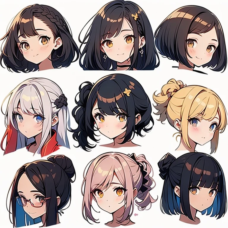 9 girls, white background,  different characters, multiple views, (Close up heads, portrait, mugshot), bra, bare shoulders, bikini, different hair colors, different hair styles, 
twin-tail hair style, 
pony-tail hair, wavy 
long hair, 
braid, 
parted bangs, 
high ponytail, 
low ponytail, 
big hair, cornrows, 
hair bun, 
hair rings, 
half updo hairstyle, 
diagonal bangs, 
two side up hair, 
flipped hair, 
blunt bangs, 

warm-toned hair colors, 
cool-toned hair colors, 
brown hair color, 
red hair color, 
yellow hair color, 
white hair color, 
purple hair color, 
blue hair color,