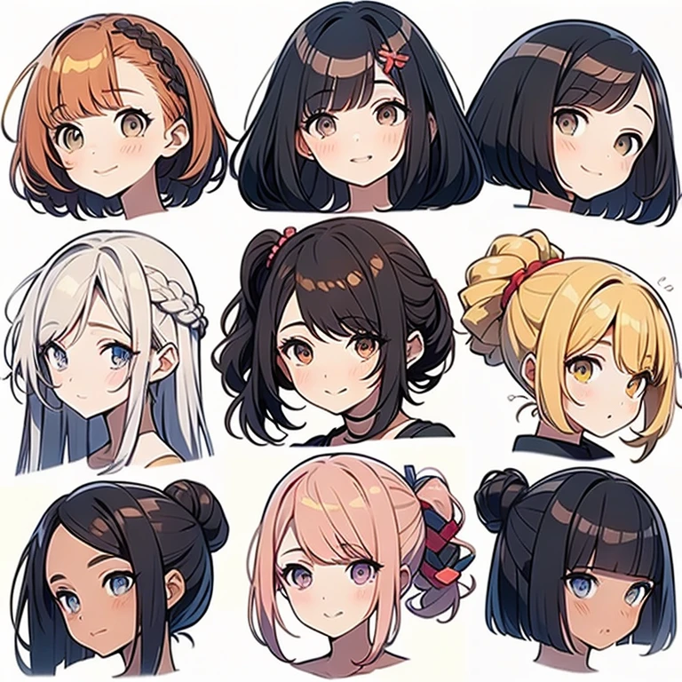 9 girls, white background,  different characters, multiple views, (Close up heads, portrait, mugshot), bra, bare shoulders, bikini, different hair colors, different hair styles, 
twin-tail hair style, 
pony-tail hair, wavy 
long hair, 
braid, 
parted bangs, 
high ponytail, 
low ponytail, 
big hair, cornrows, 
hair bun, 
hair rings, 
half updo hairstyle, 
diagonal bangs, 
two side up hair, 
flipped hair, 
blunt bangs, 

warm-toned hair colors, 
cool-toned hair colors, 
brown hair color, 
red hair color, 
yellow hair color, 
white hair color, 
purple hair color, 
blue hair color,