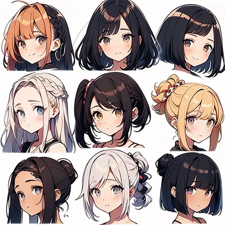 9 girls, white background,  different characters, multiple views, (Close up heads, portrait, mugshot), bra, bare shoulders, bikini, different hair colors, different hair styles, 
twin-tail hair style, 
pony-tail hair, wavy 
long hair, 
braid, 
parted bangs, 
high ponytail, 
low ponytail, 
big hair, cornrows, 
hair bun, 
hair rings, 
half updo hairstyle, 
diagonal bangs, 
two side up hair, 
flipped hair, 
blunt bangs, 

warm-toned hair colors, 
cool-toned hair colors, 
brown hair color, 
red hair color, 
yellow hair color, 
white hair color, 
purple hair color, 
blue hair color,