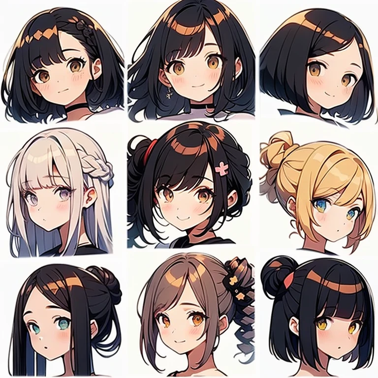 9 girls, white background,  different characters, multiple views, (Close up heads, portrait, mugshot), bra, bare shoulders, bikini, different hair colors, different hair styles, 
twin-tail hair style, 
pony-tail hair, wavy 
long hair, 
braid, 
parted bangs, 
high ponytail, 
low ponytail, 
big hair, cornrows, 
hair bun, 
hair rings, 
half updo hairstyle, 
diagonal bangs, 
two side up hair, 
flipped hair, 
blunt bangs, 

warm-toned hair colors, 
cool-toned hair colors, 
brown hair color, 
red hair color, 
yellow hair color, 
white hair color, 
purple hair color, 
blue hair color,