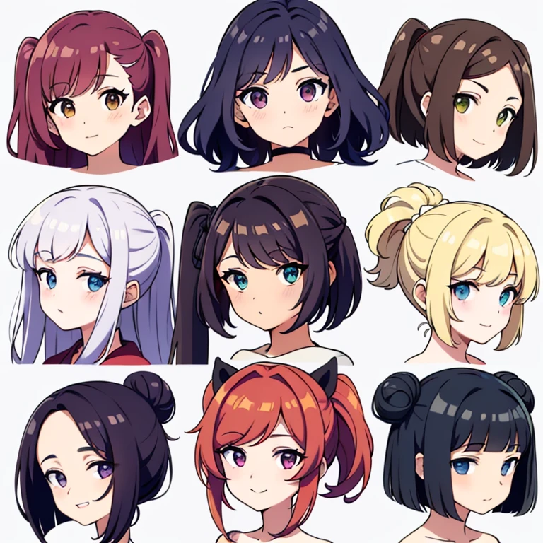 9 girls, white background,  different characters, multiple views, (Close up heads, portrait, mugshot), bra, bare shoulders, bikini, different hair colors, different hair styles, 
twin-tail hair style, 
pony-tail hair, wavy 
long hair, 
braid, 
parted bangs, 
high ponytail, 
low ponytail, 
big hair, cornrows, 
hair bun, 
hair rings, 
half updo hairstyle, 
diagonal bangs, 
two side up hair, 
flipped hair, 
blunt bangs, 

warm-toned hair colors, 
cool-toned hair colors, 
brown hair color, 
red hair color, 
yellow hair color, 
white hair color, 
purple hair color, 
blue hair color,